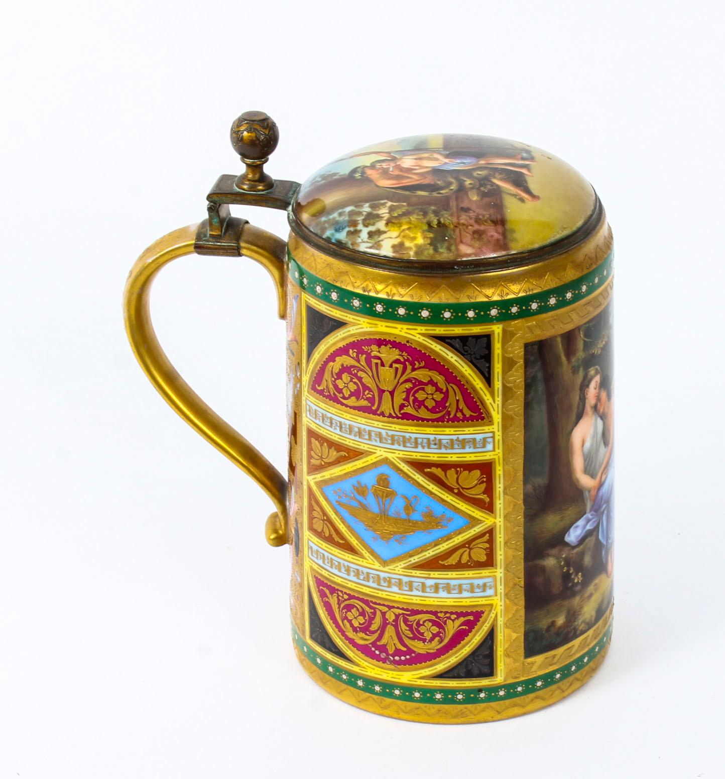 Antique Vienna Porcelain Lidded Tankard with Amor and Psyche, 19th Century 1