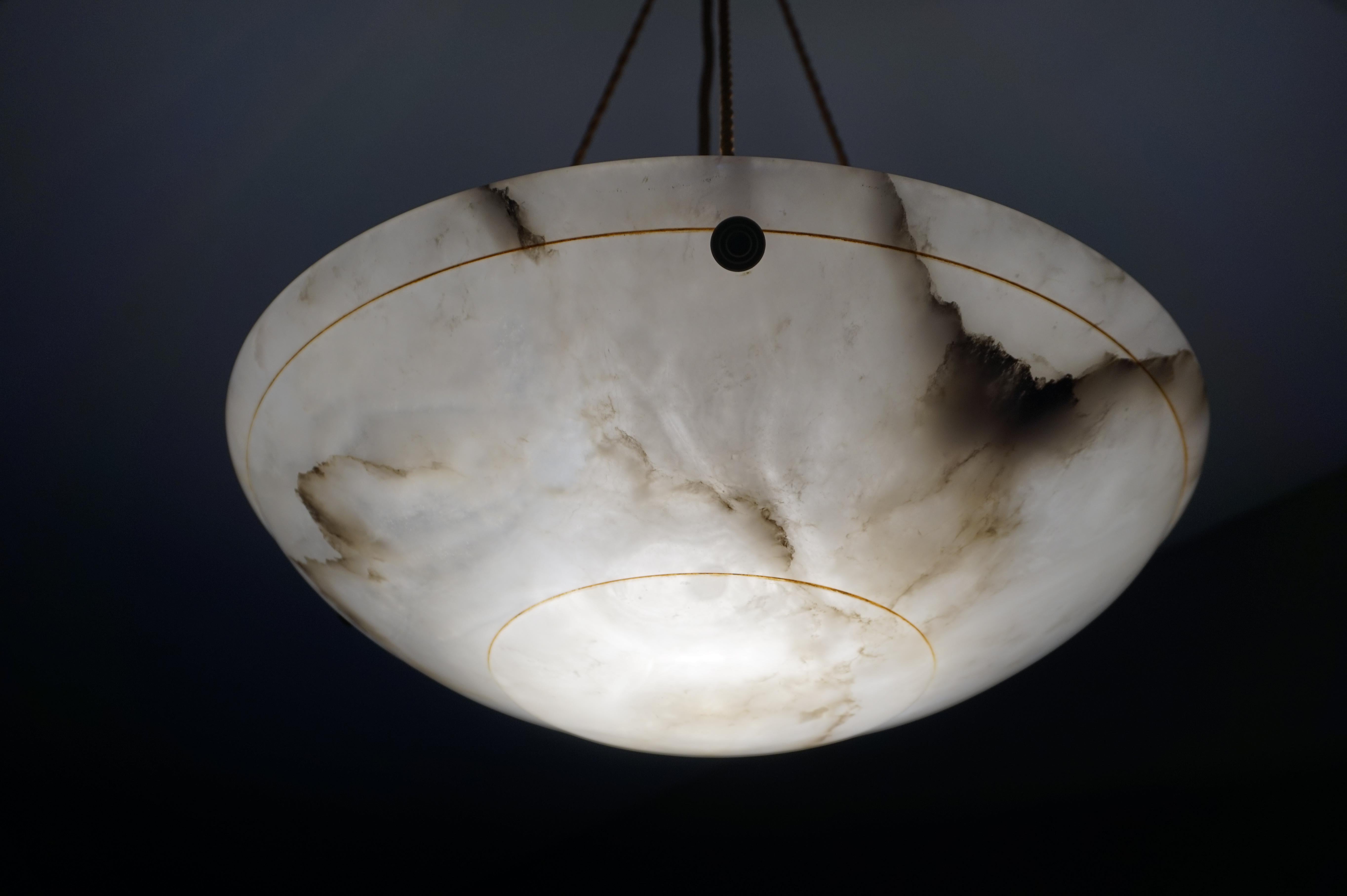 Antique Vienna Secession Alabaster Pendant Light with Original Rope and Canopy 13