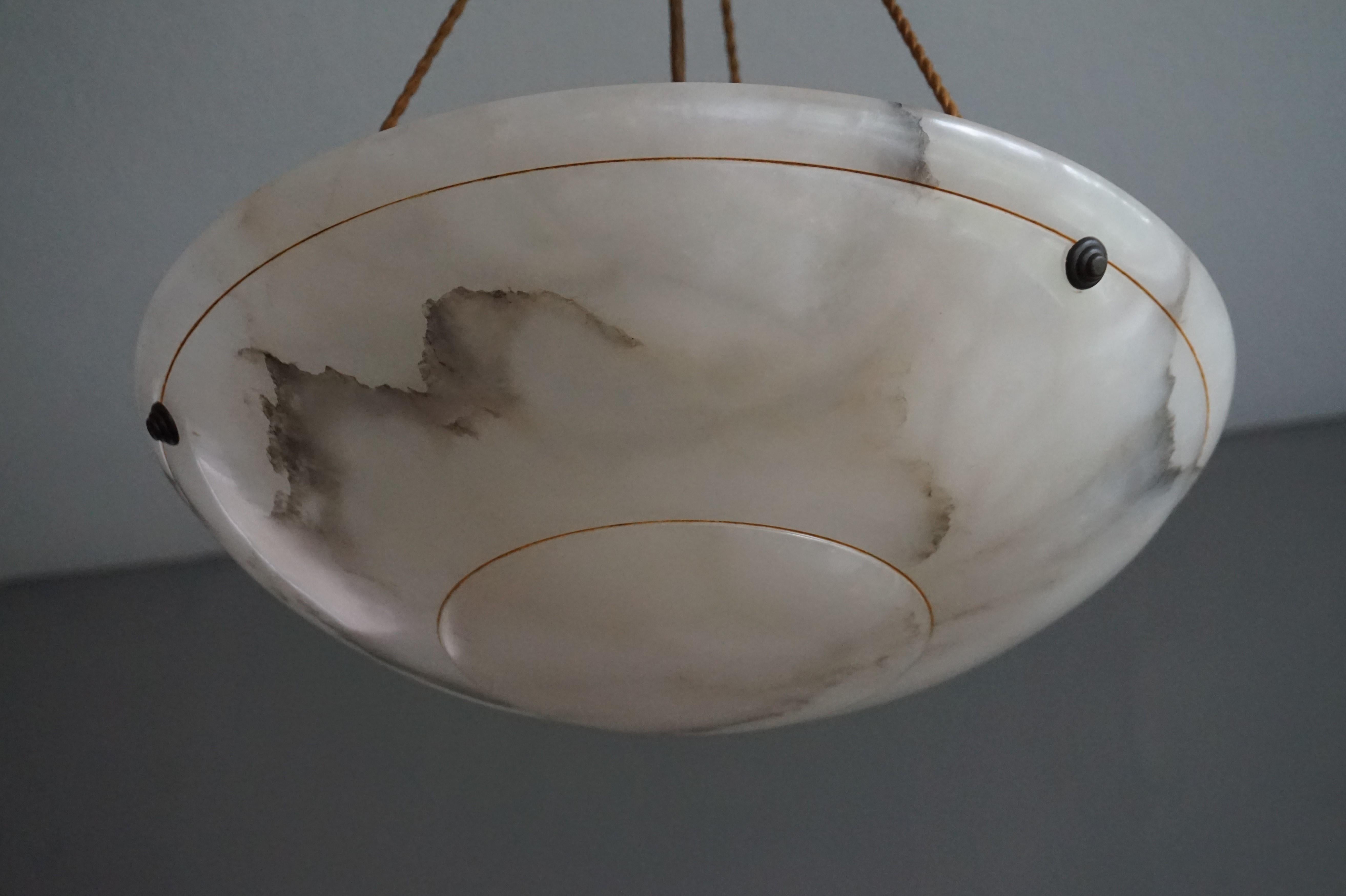 European Antique Vienna Secession Alabaster Pendant Light with Original Rope and Canopy