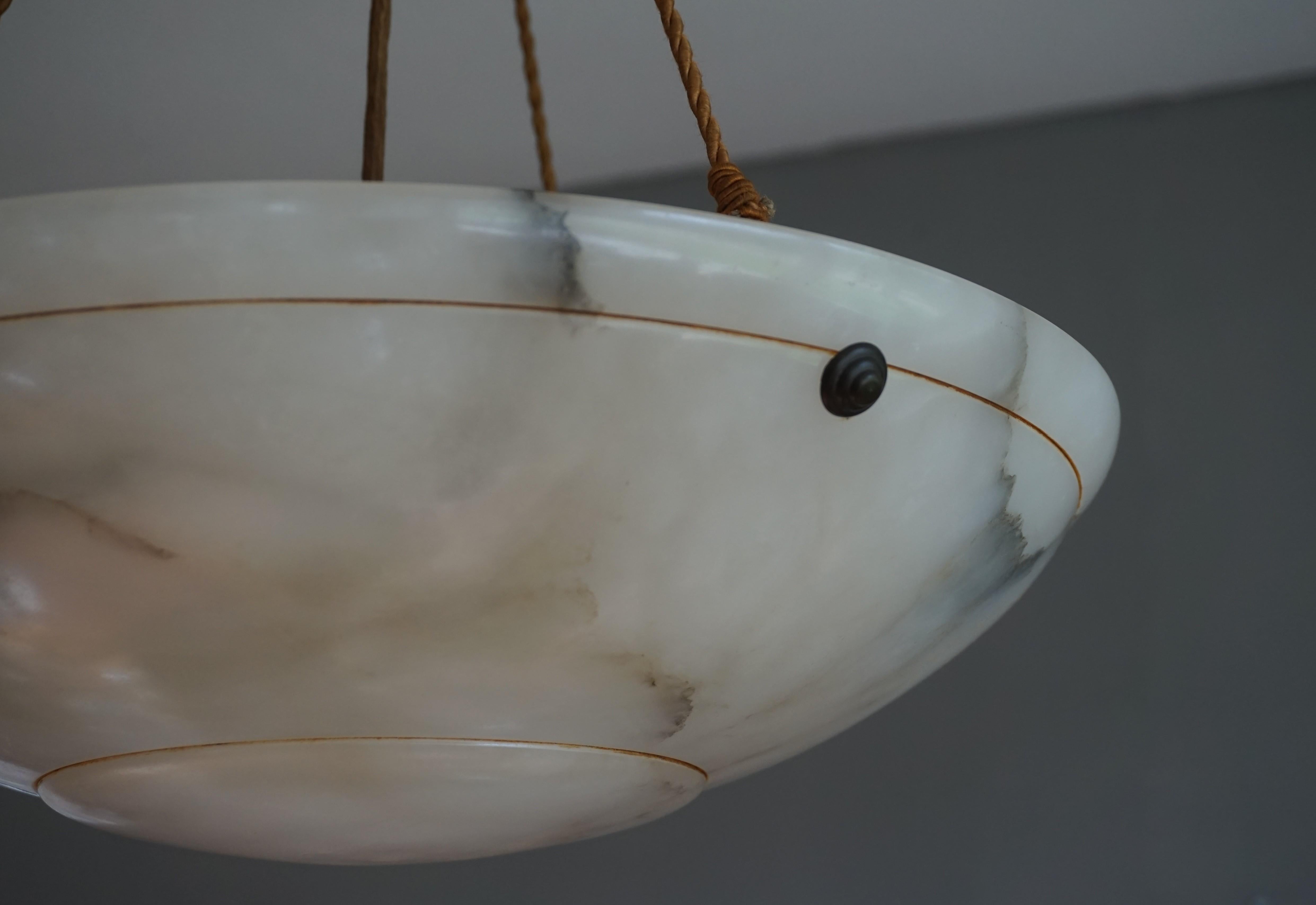 Hand-Carved Antique Vienna Secession Alabaster Pendant Light with Original Rope and Canopy