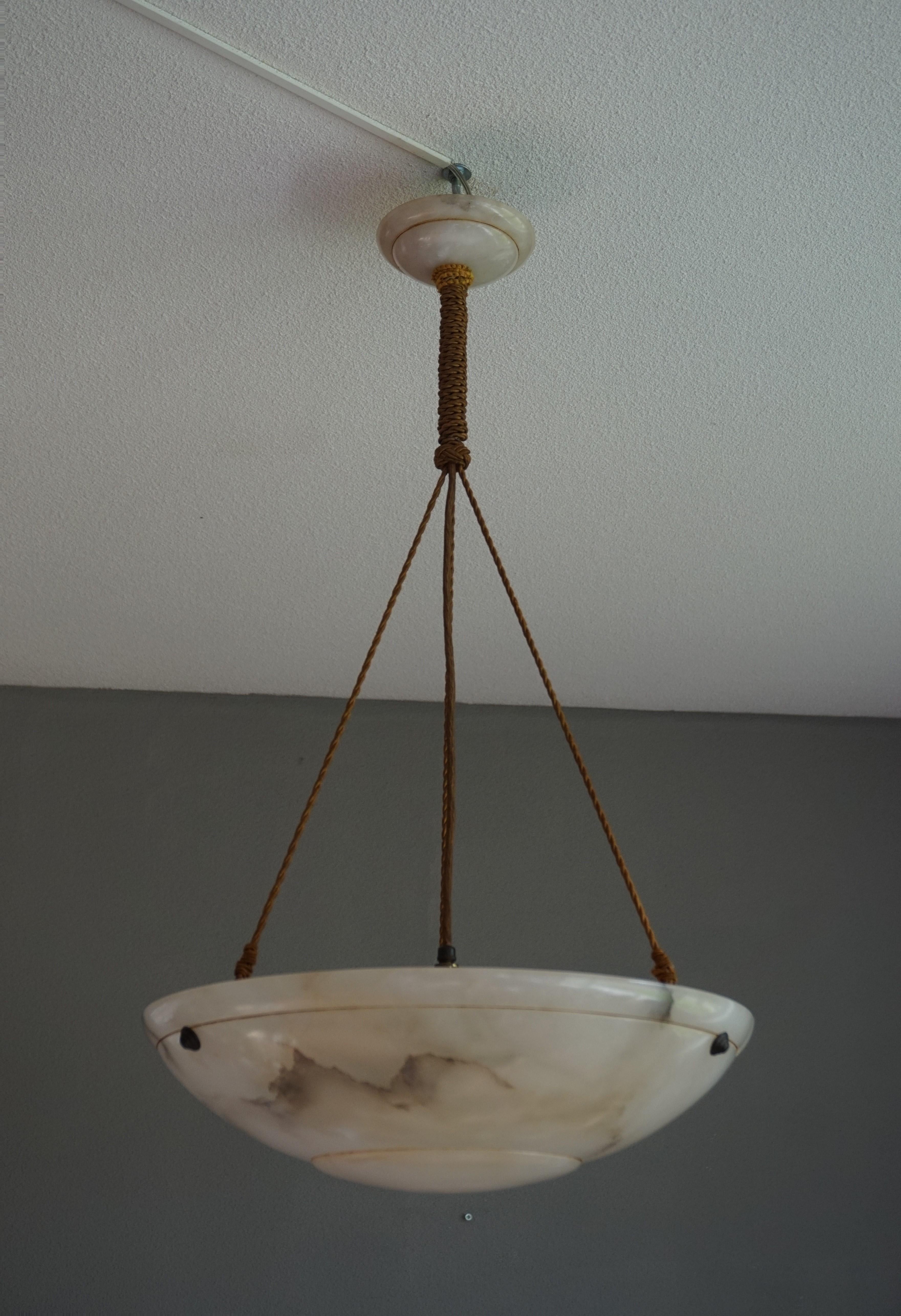 Antique Vienna Secession Alabaster Pendant Light with Original Rope and Canopy In Excellent Condition In Lisse, NL