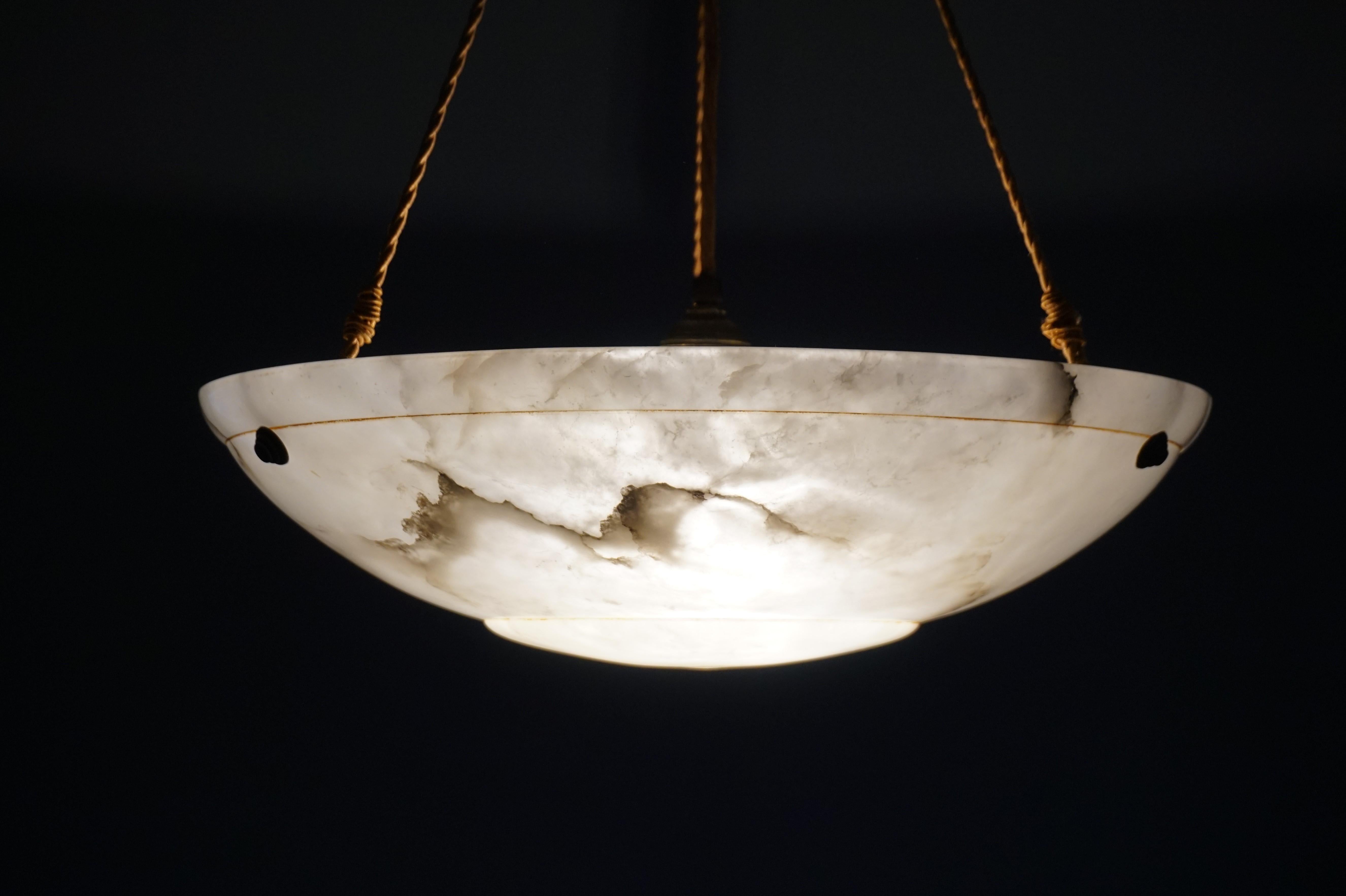 20th Century Antique Vienna Secession Alabaster Pendant Light with Original Rope and Canopy