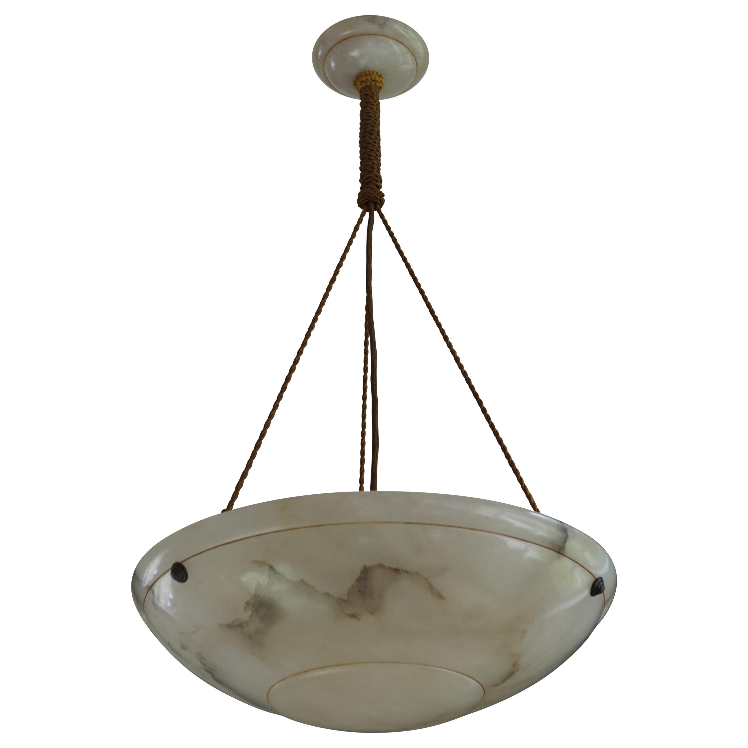 Antique Vienna Secession Alabaster Pendant Light with Original Rope and Canopy