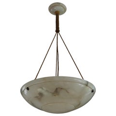 Antique Vienna Secession Alabaster Pendant Light with Original Rope and Canopy