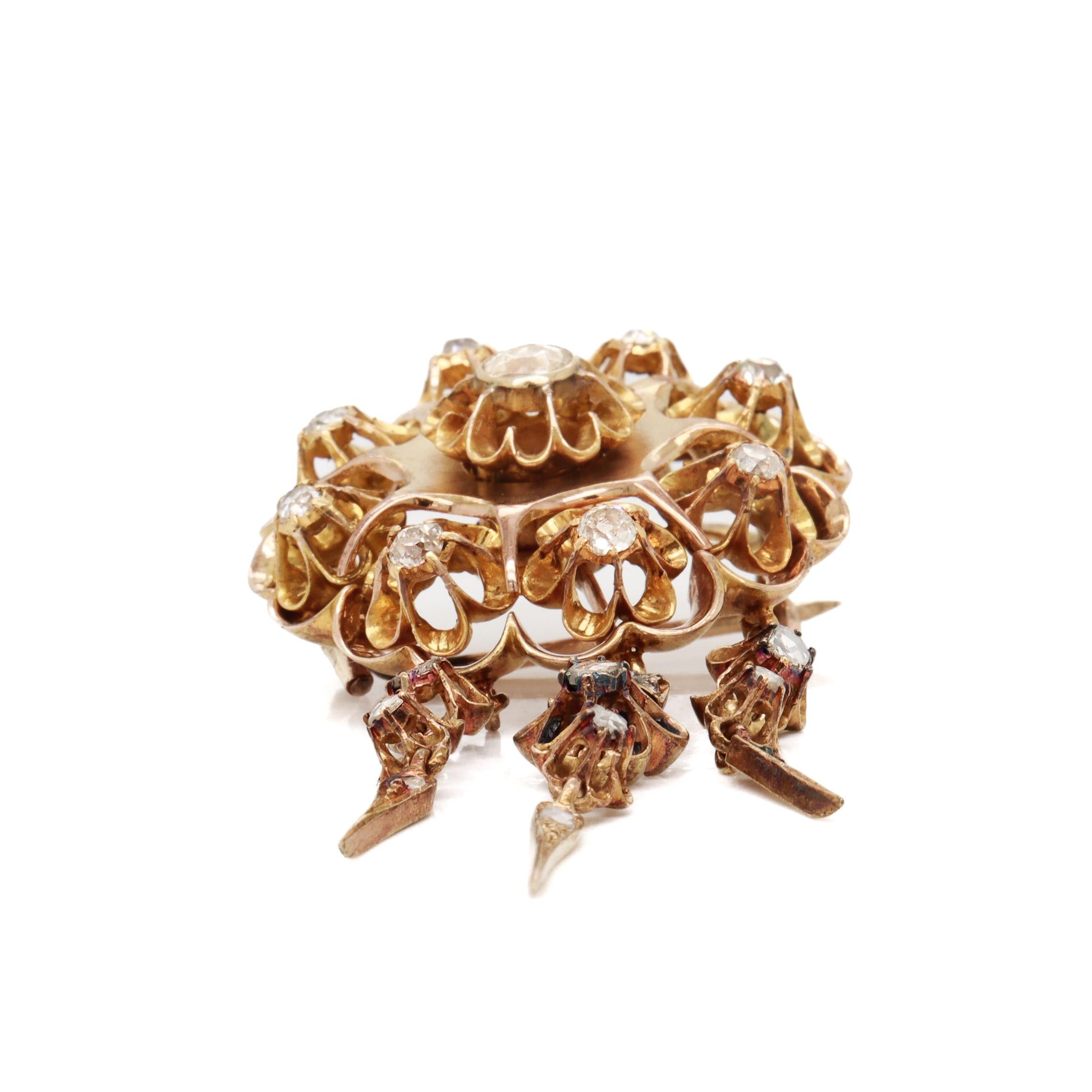Antique Viennese Austrian 14K Gold & Natural Diamond Floral Brooch / Pendant For Sale 5
