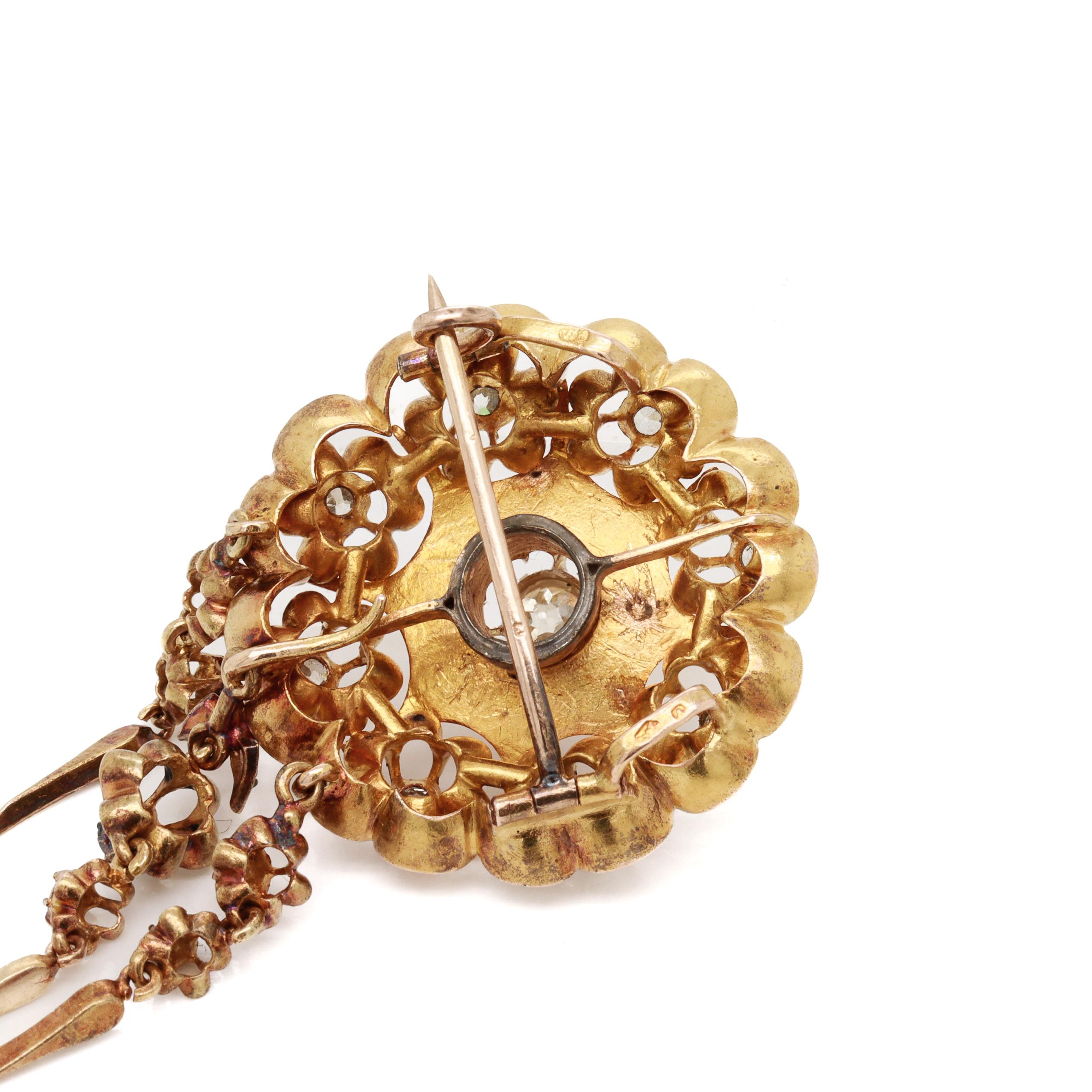 Antique Viennese Austrian 14K Gold & Natural Diamond Floral Brooch / Pendant For Sale 7