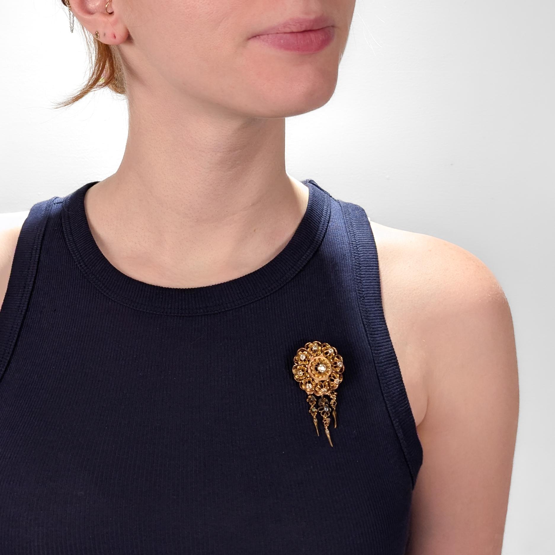 A fine antique, signed Victorian or Belle Époque Viennese gold & diamond convertible brooch or pendant.

In 14 karat yellow gold.

In the form of a flower, with a central Old European cut 0.50± ct diamond to the center surrounded by 8 other Old