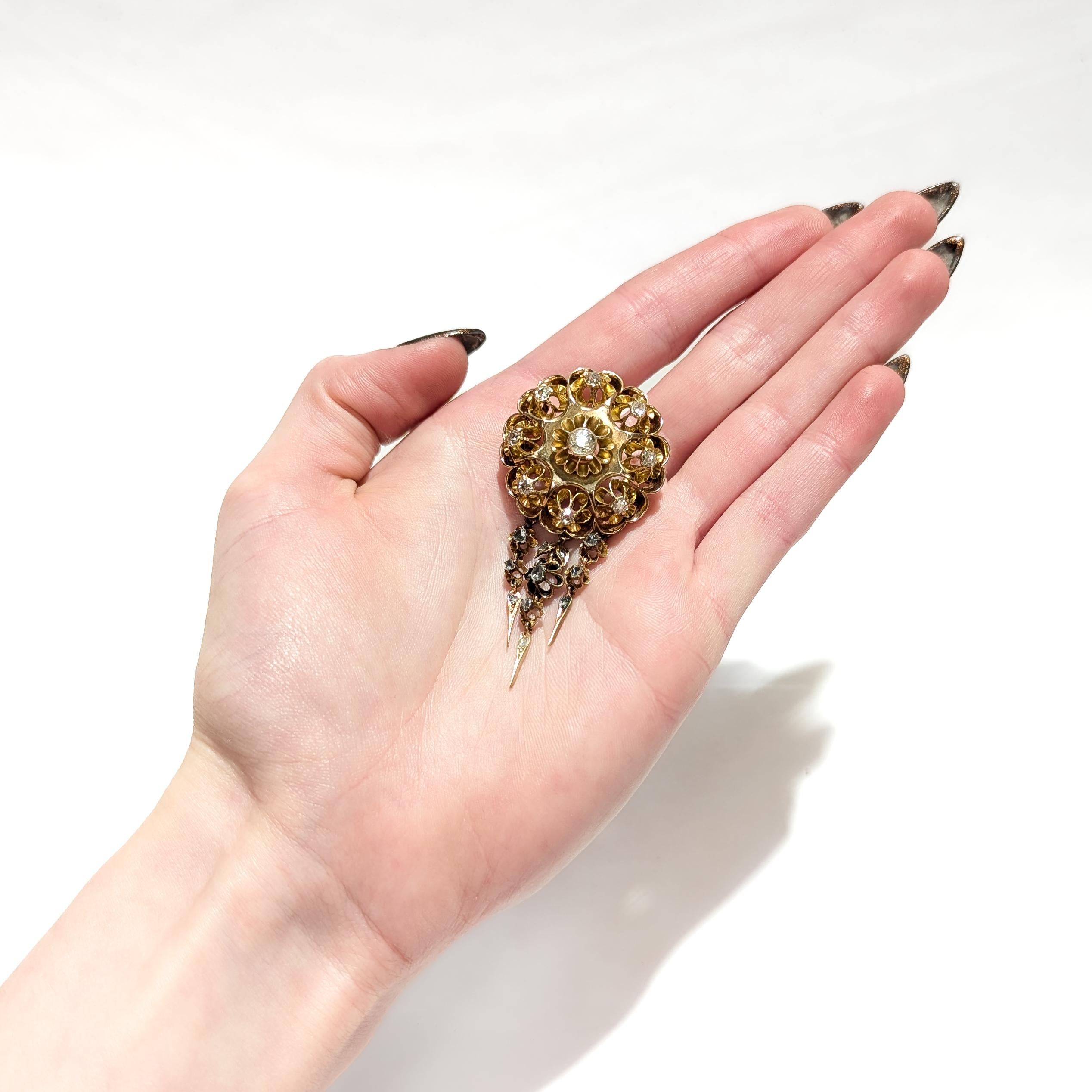 Belle Époque Antique Viennese Austrian 14K Gold & Natural Diamond Floral Brooch / Pendant For Sale