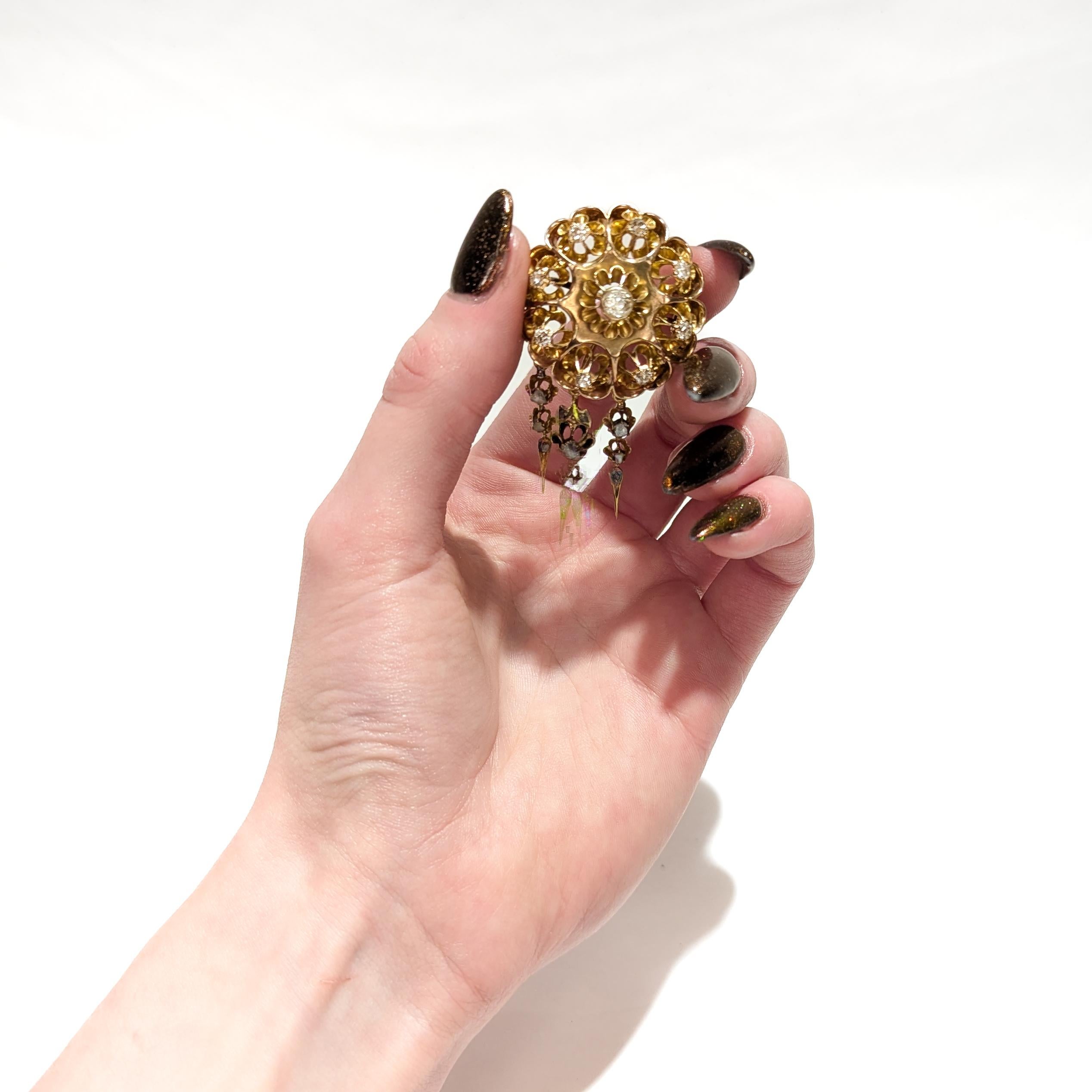 Old European Cut Antique Viennese Austrian 14K Gold & Natural Diamond Floral Brooch / Pendant For Sale