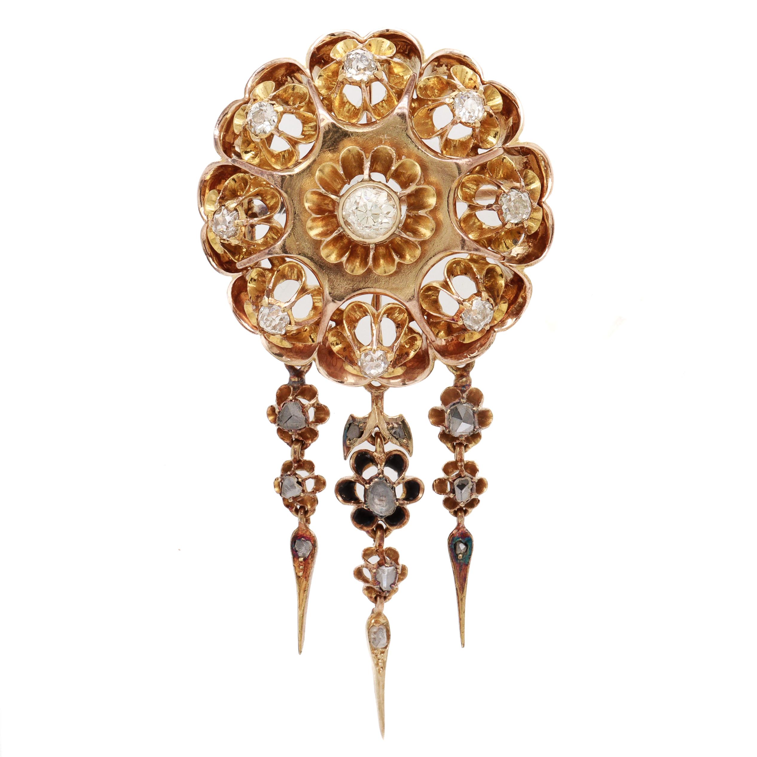 Antique Viennese Austrian 14K Gold & Natural Diamond Floral Brooch / Pendant In Good Condition For Sale In Philadelphia, PA