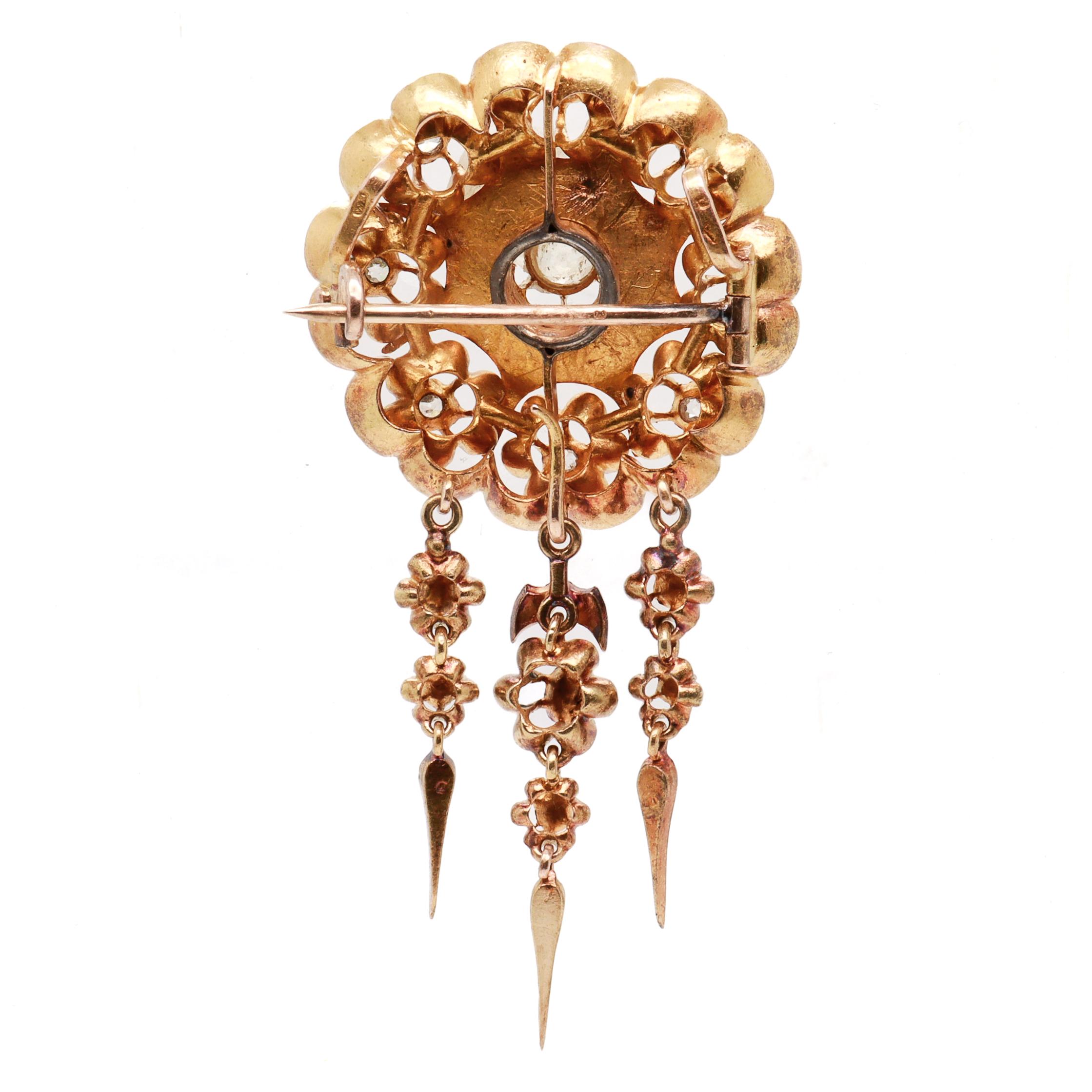 Women's Antique Viennese Austrian 14K Gold & Natural Diamond Floral Brooch / Pendant For Sale