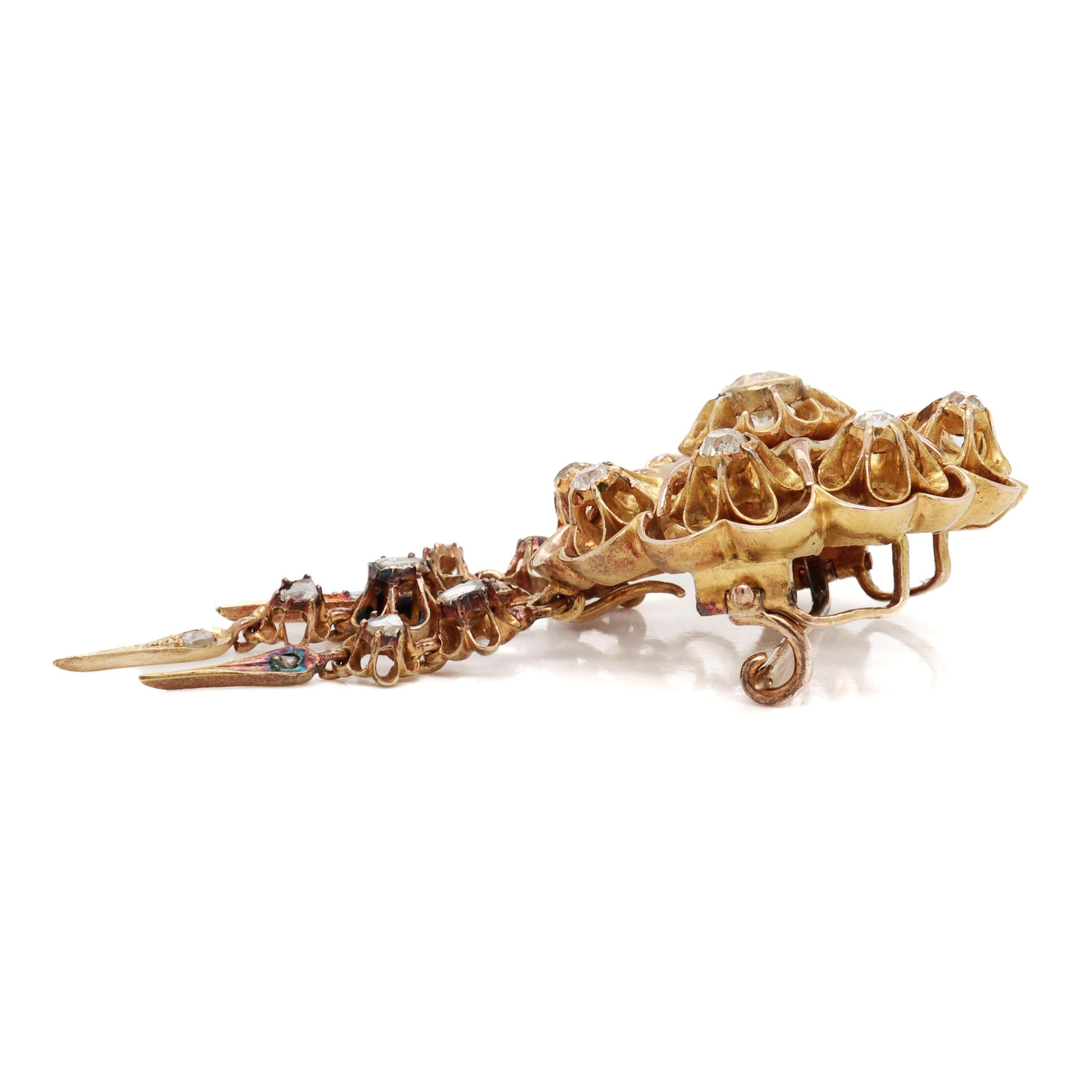 Antique Viennese Austrian 14K Gold & Natural Diamond Floral Brooch / Pendant For Sale 1