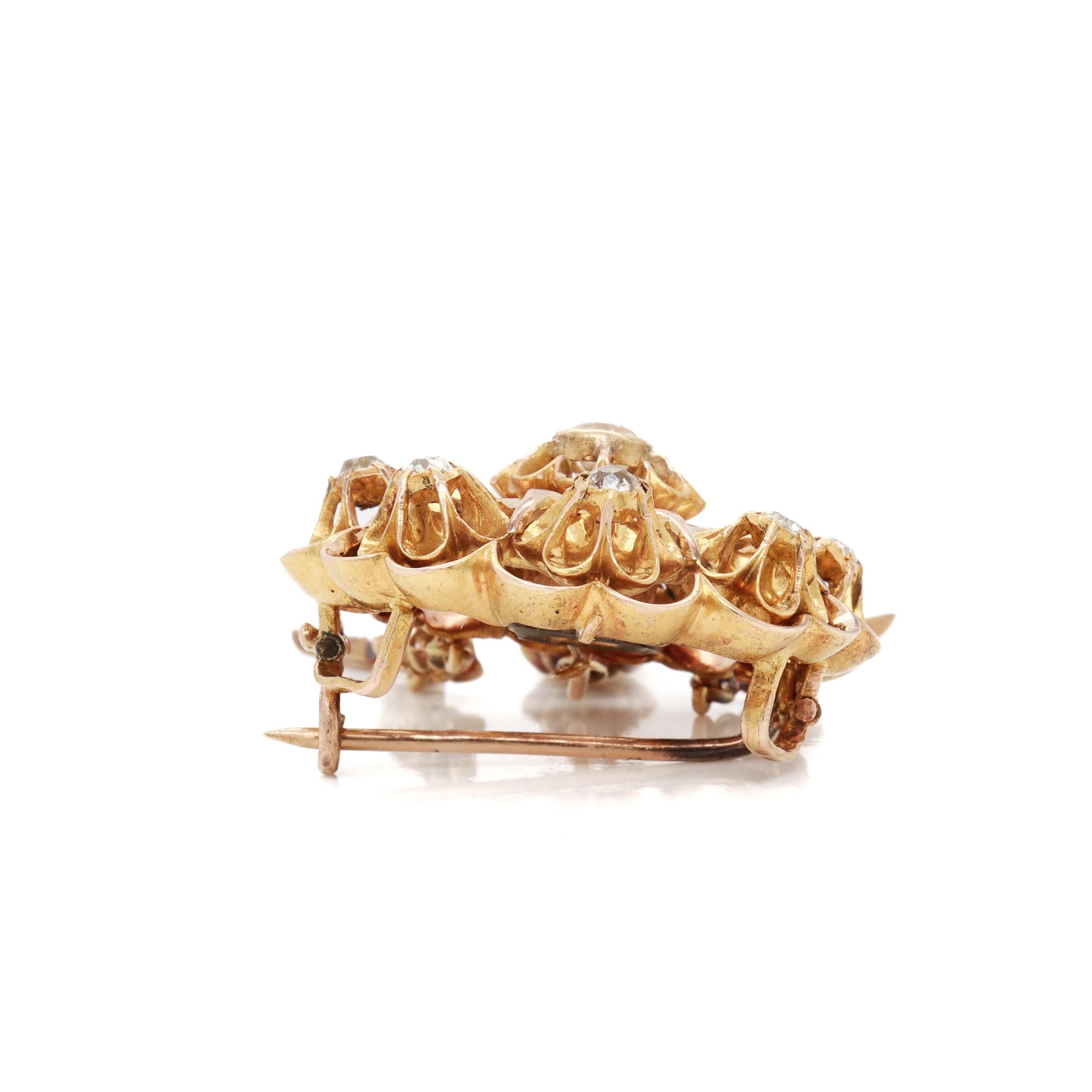 Antique Viennese Austrian 14K Gold & Natural Diamond Floral Brooch / Pendant For Sale 2