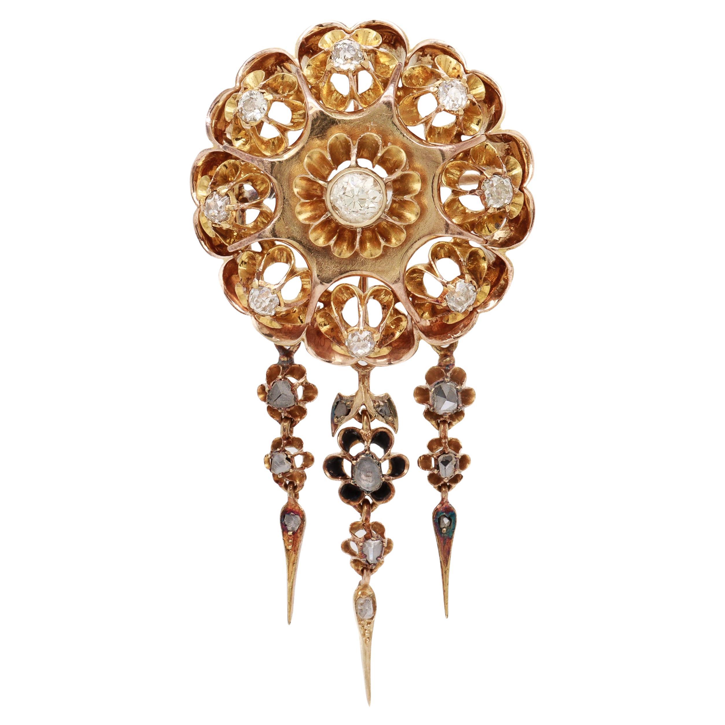Antique Viennese Austrian 14K Gold & Natural Diamond Floral Brooch / Pendant