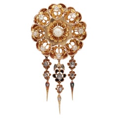 Antique Viennese Austrian 14K Gold & Natural Diamond Floral Brooch / Pendant