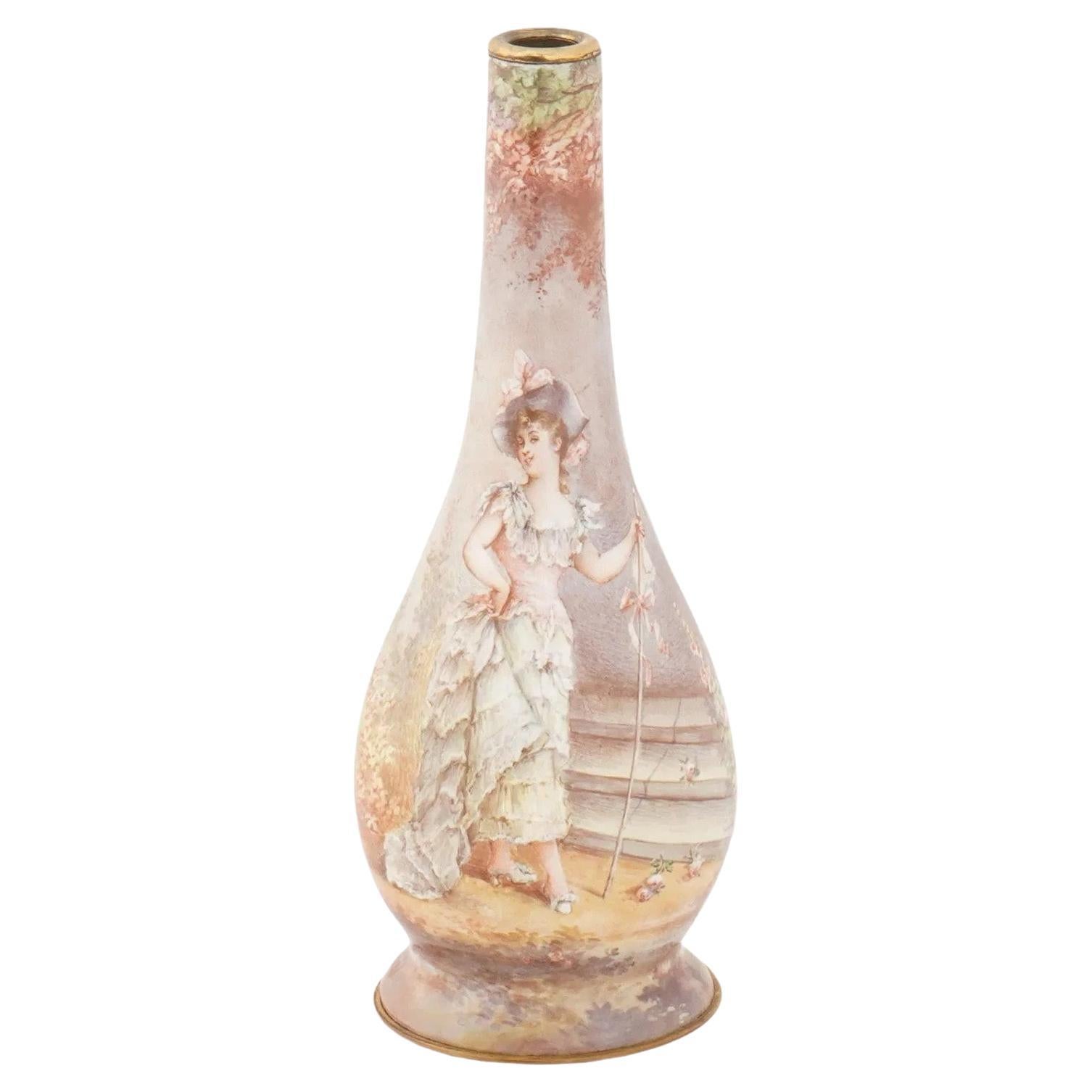 Antique Viennese Austrian Rococo Hand Painted Enamel Vase For Sale