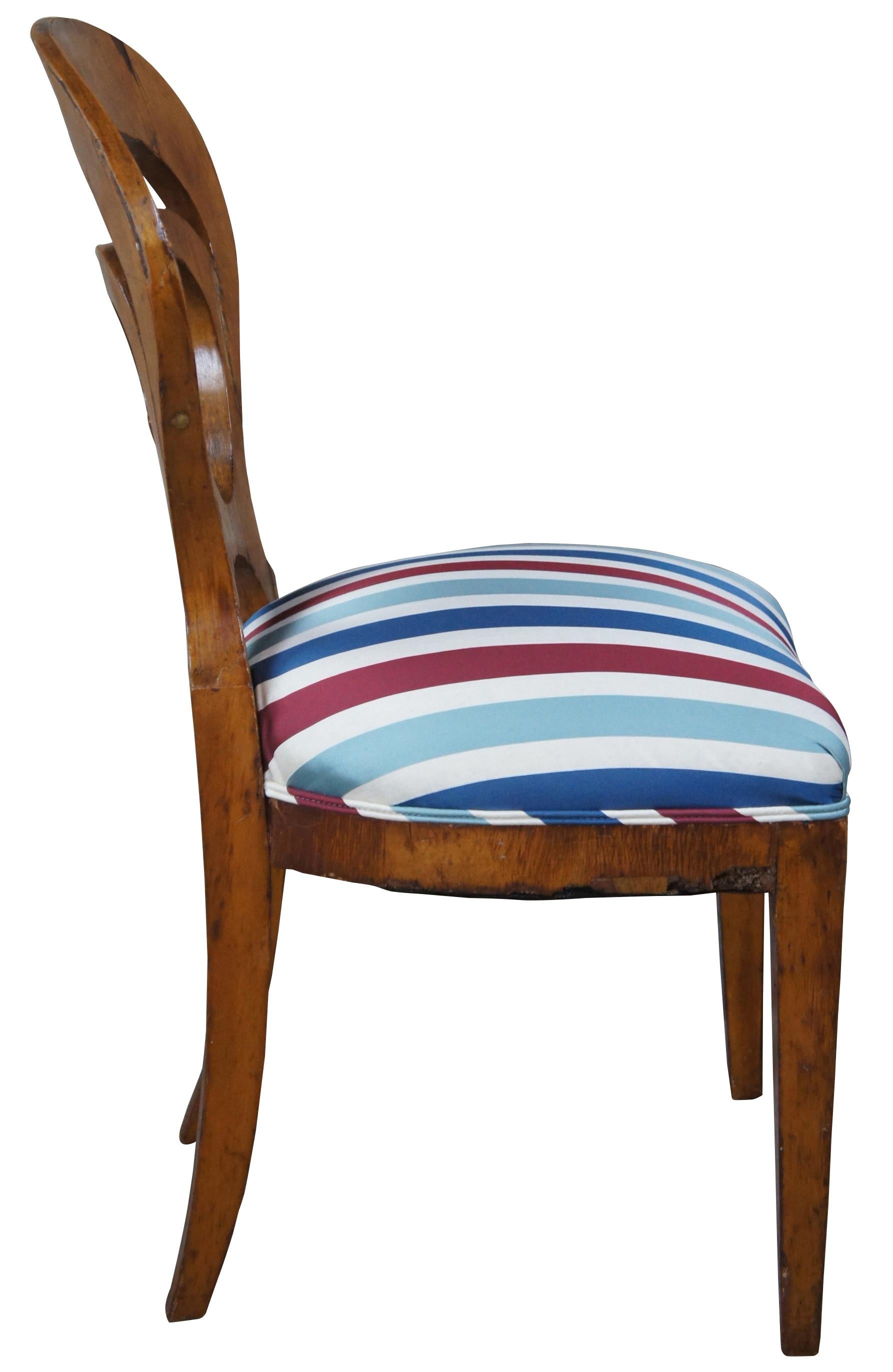 European Antique Viennese Biedermeier Walnut Pierced Back Side Desk Chair Striped Seat