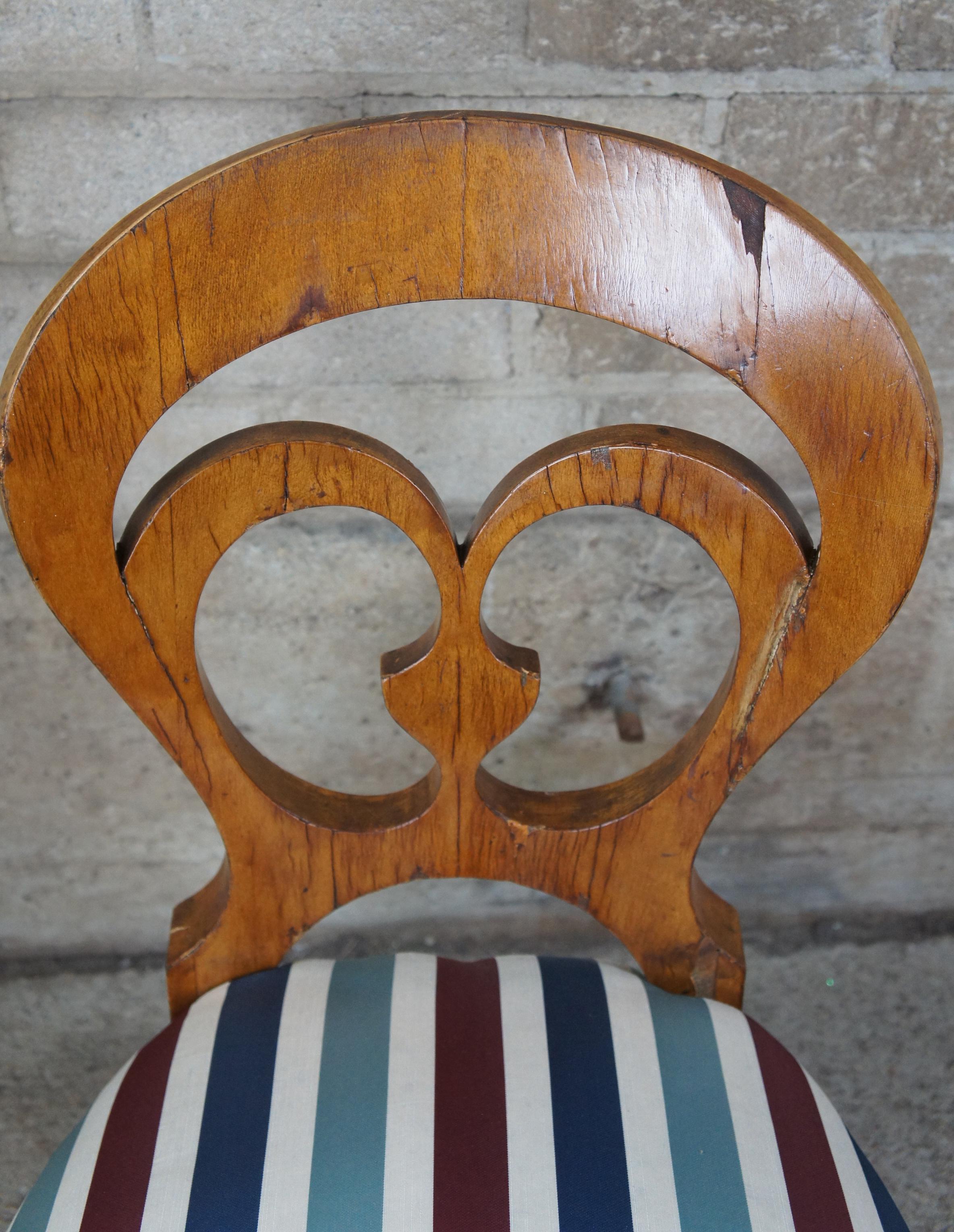 Antique Viennese Biedermeier Walnut Pierced Back Side Desk Chair Striped Seat 2