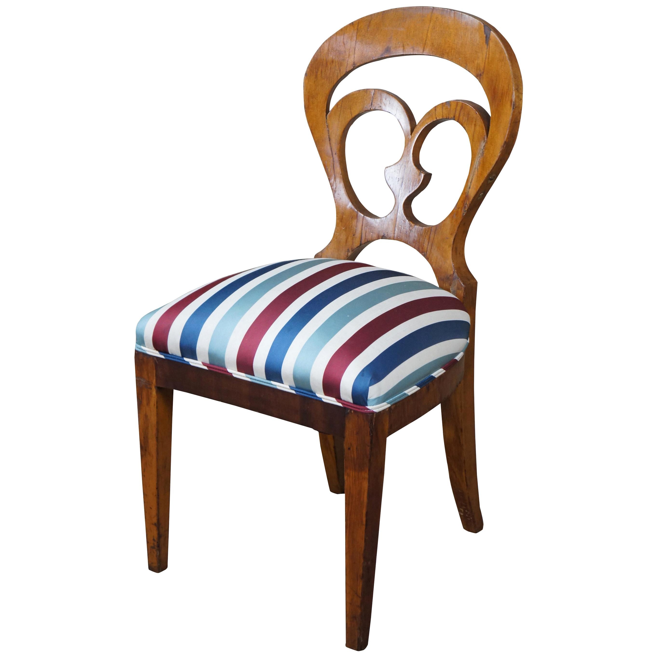 Antique Viennese Biedermeier Walnut Pierced Back Side Desk Chair Striped Seat