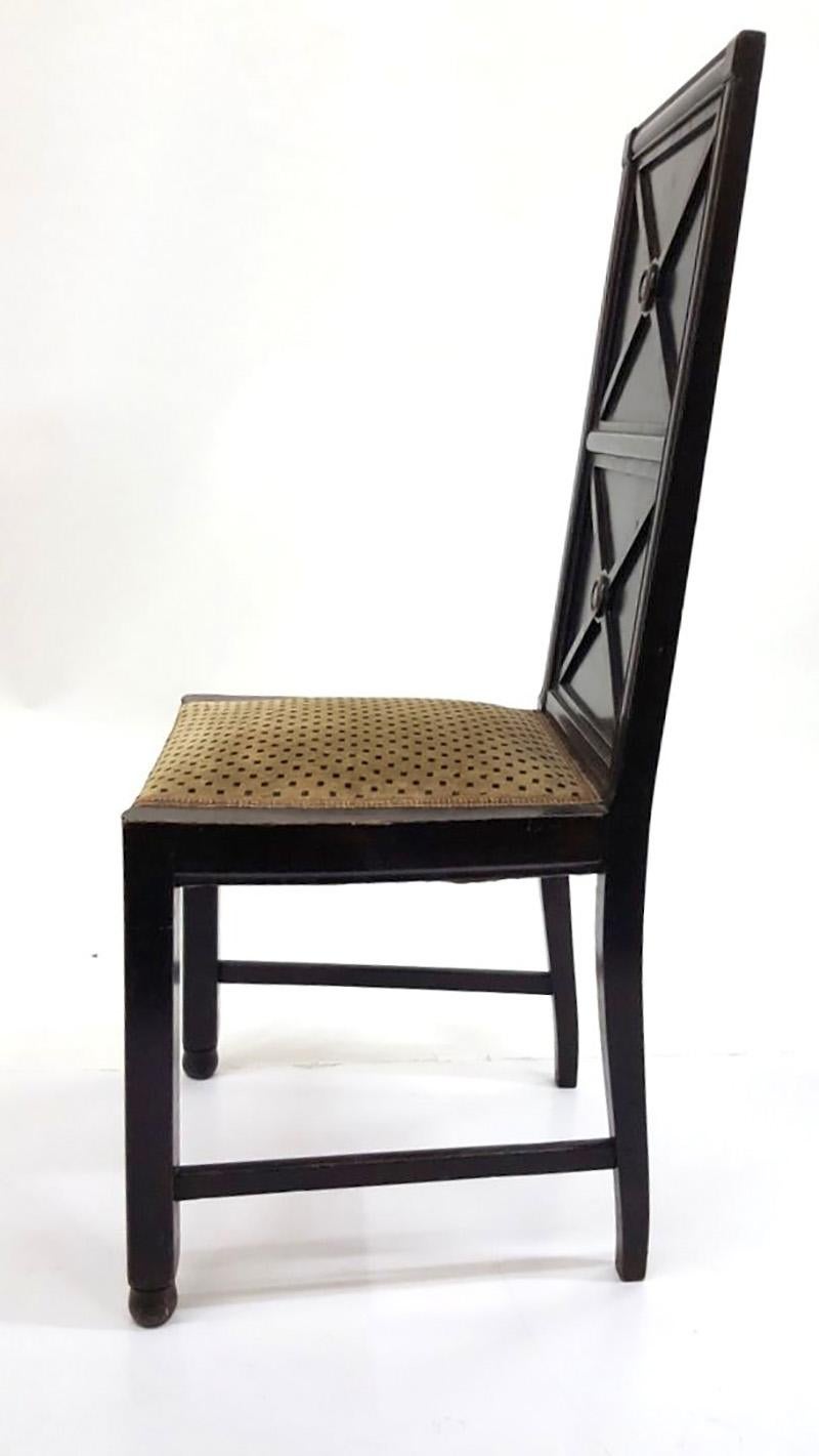 These wooden chairs feature black painted finish, high quality woodwork and Backhausen fabric- They were made at the turn of the century, in Vienna.