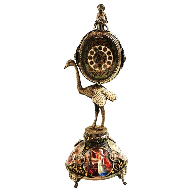 Antique Viennese Enamel and Silver Gilt Clock Austria circa 1870 Bird Ostrich
