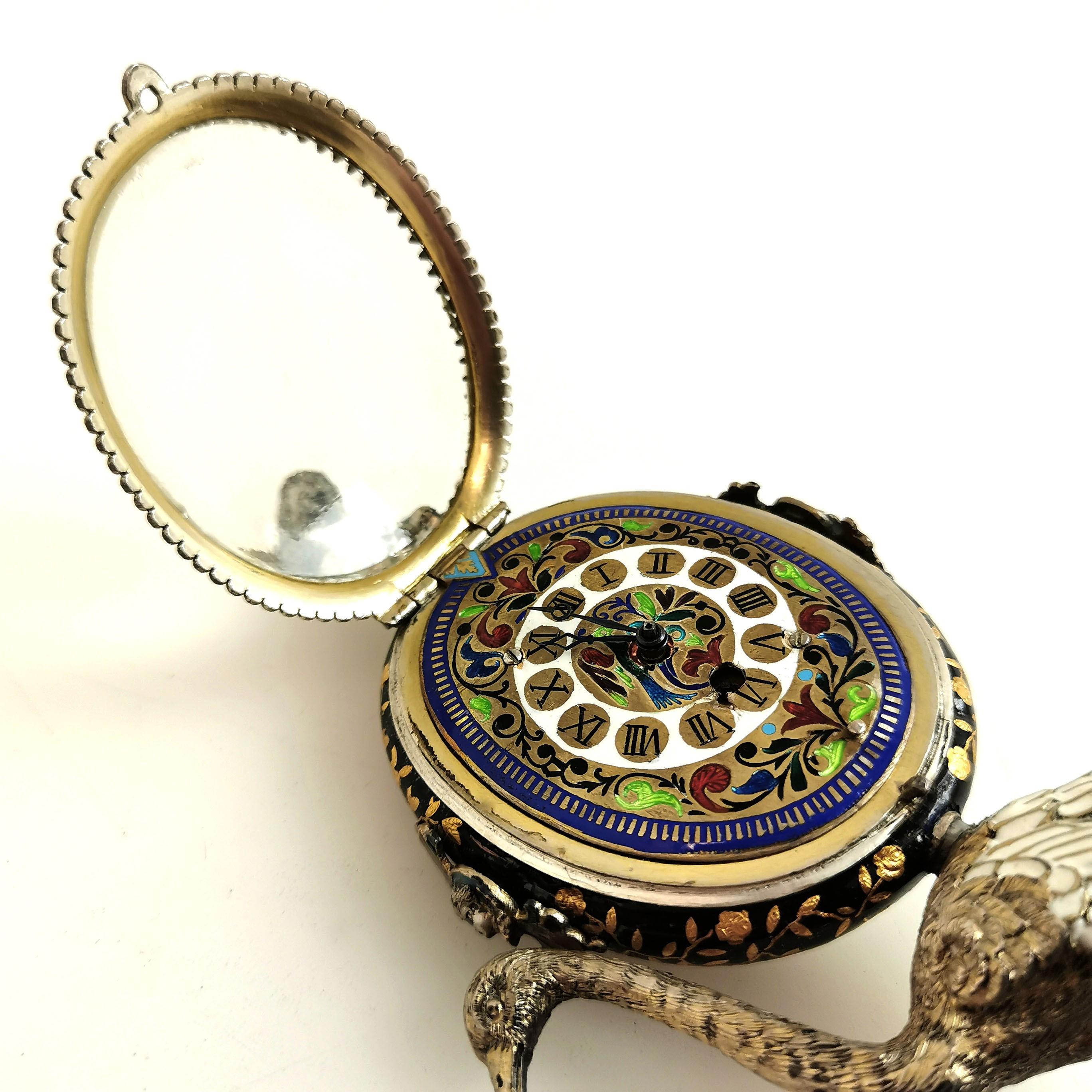 Antike Wiener Emaille und Silber vergoldete Uhr Österreich um 1870 Vogel Strauß im Angebot 5