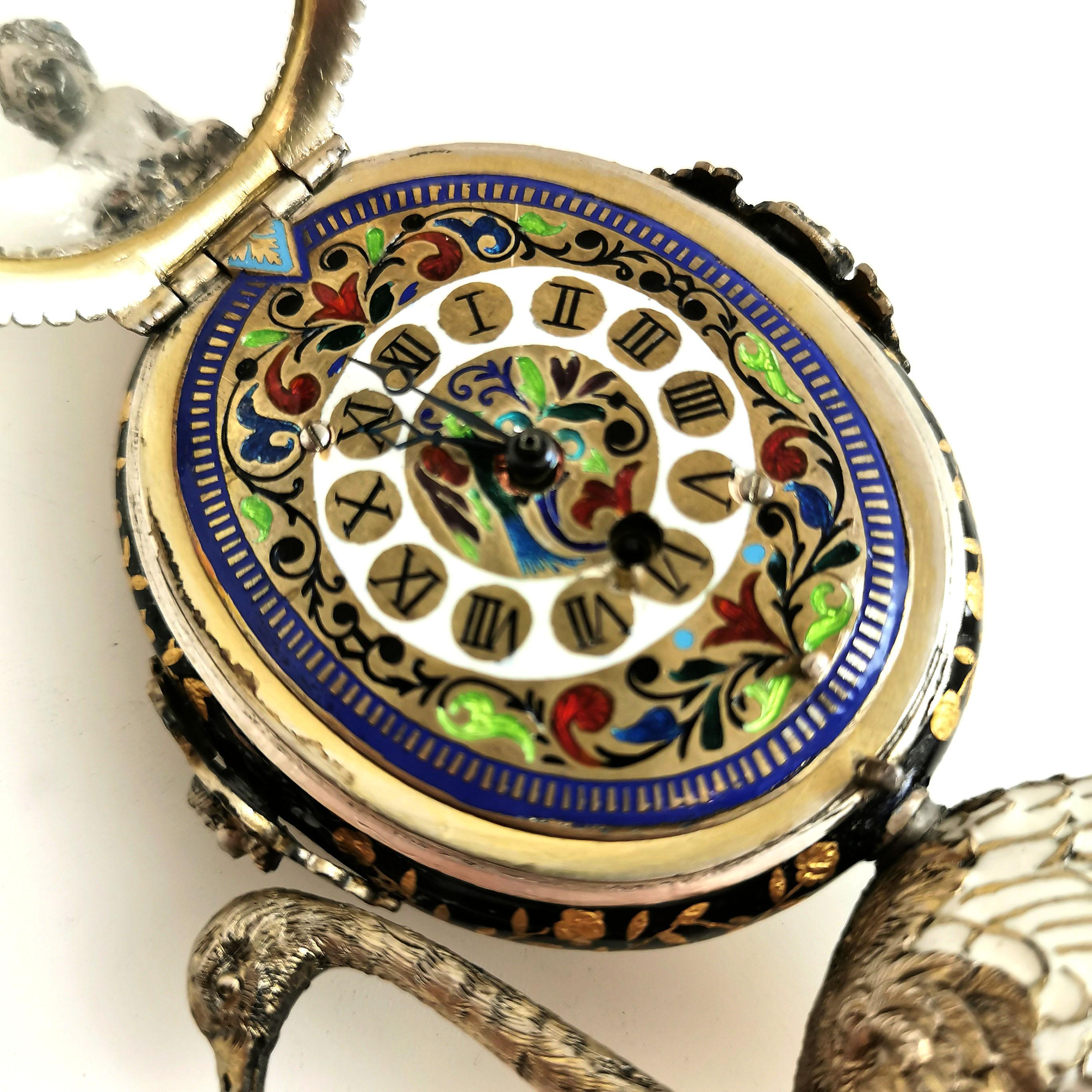 Antique Viennese Enamel and Silver Gilt Clock Austria circa 1870 Bird Ostrich For Sale 3