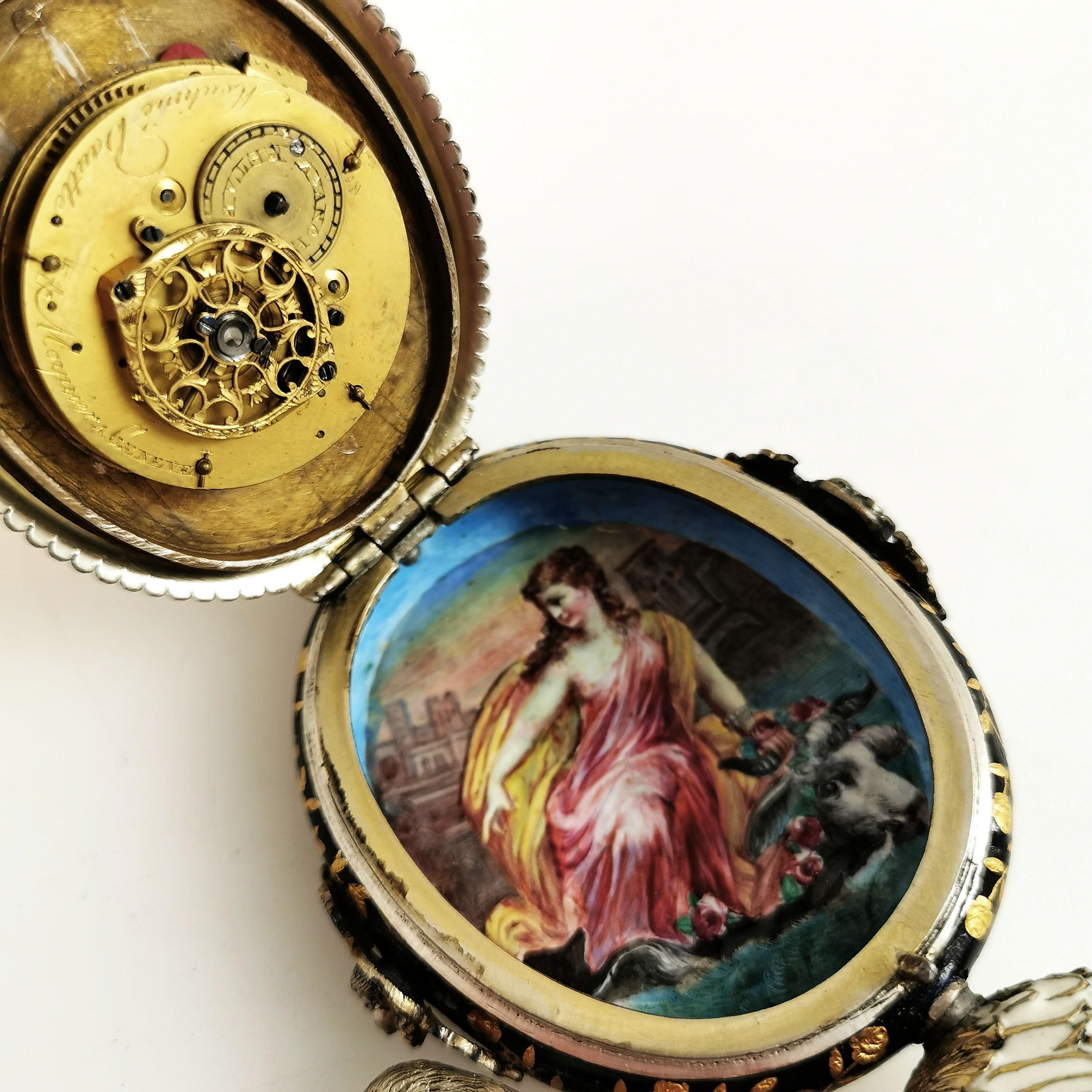 Antike Wiener Emaille und Silber vergoldete Uhr Österreich um 1870 Vogel Strauß im Angebot 7