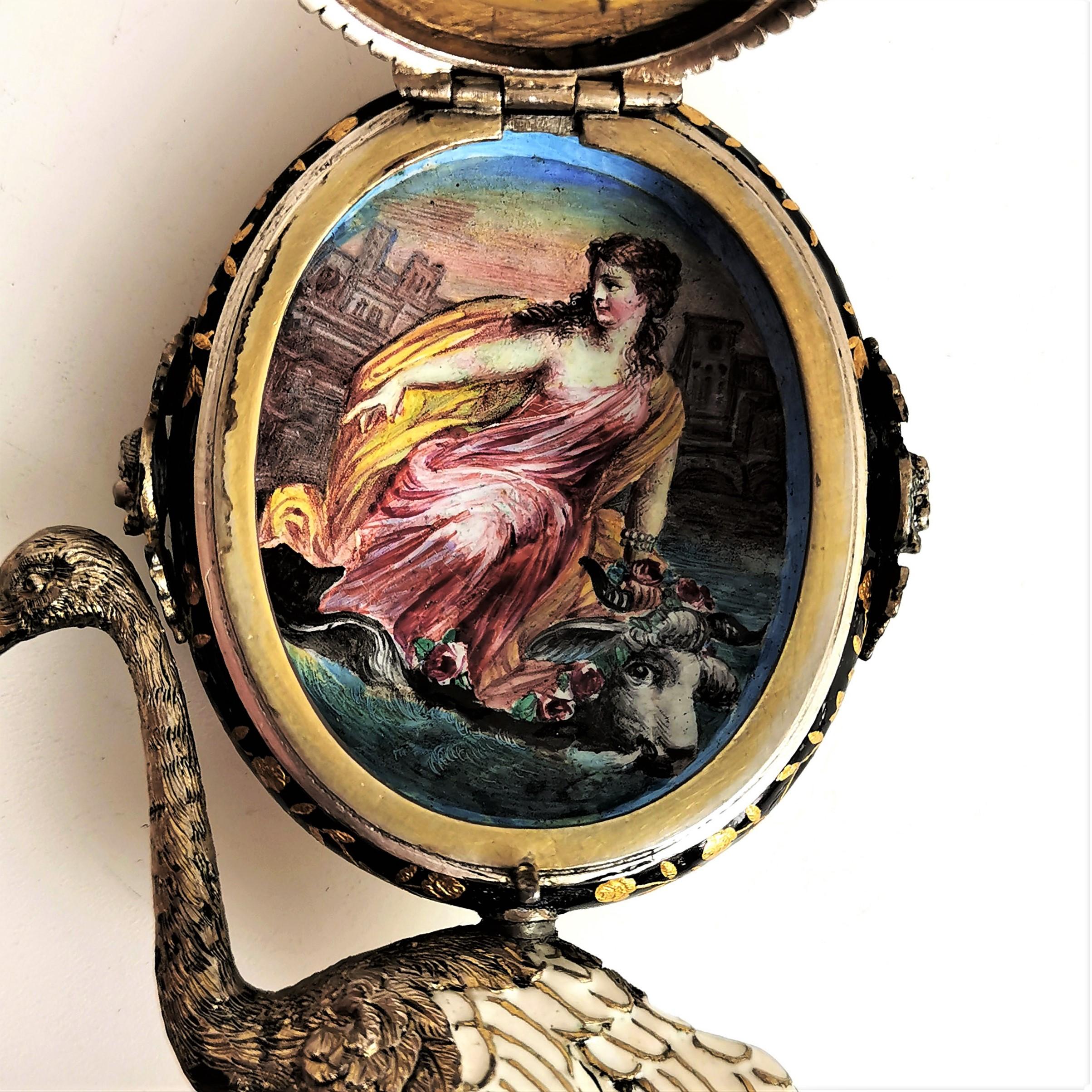 Antike Wiener Emaille und Silber vergoldete Uhr Österreich um 1870 Vogel Strauß im Angebot 8