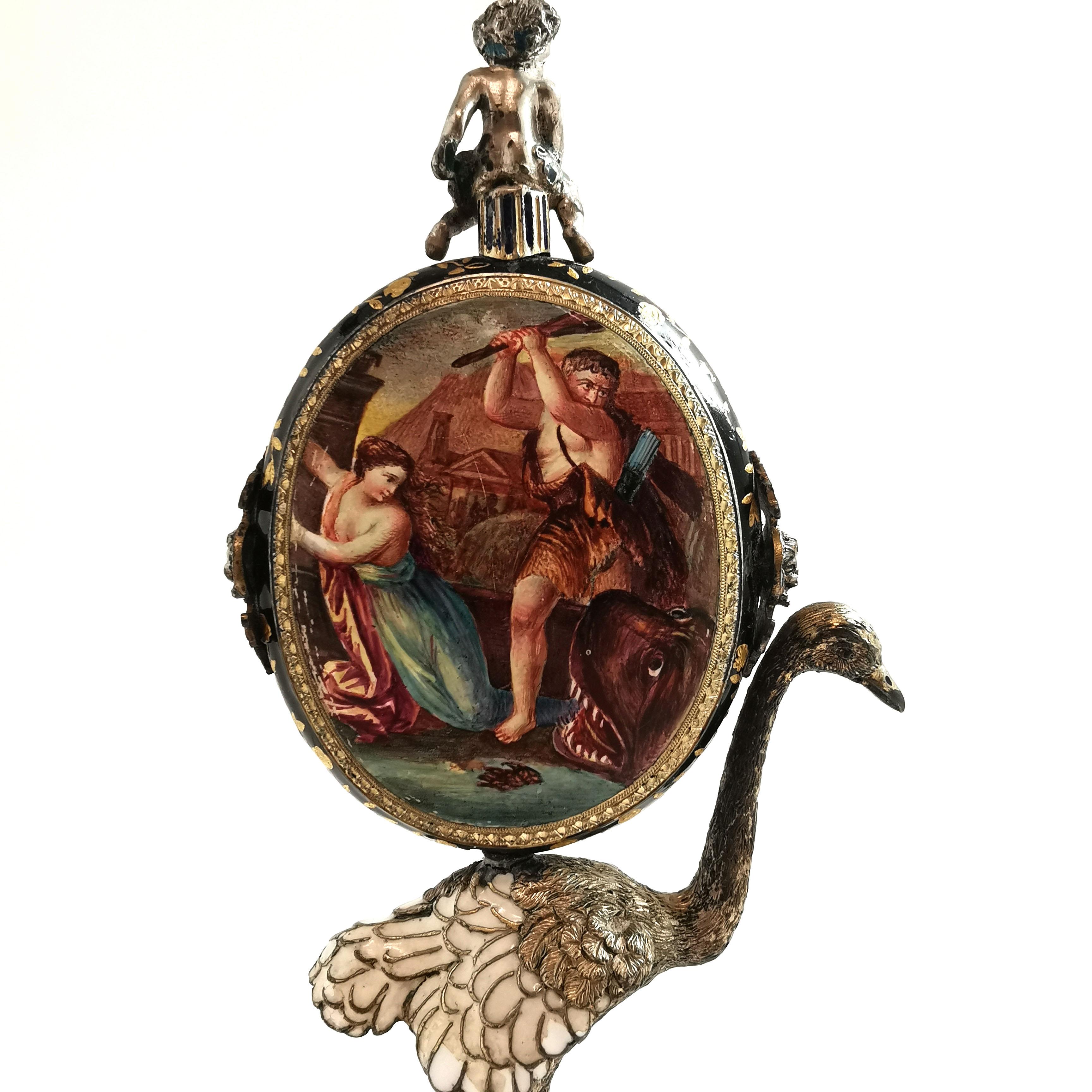 Antike Wiener Emaille und Silber vergoldete Uhr Österreich um 1870 Vogel Strauß im Zustand „Gut“ im Angebot in London, GB