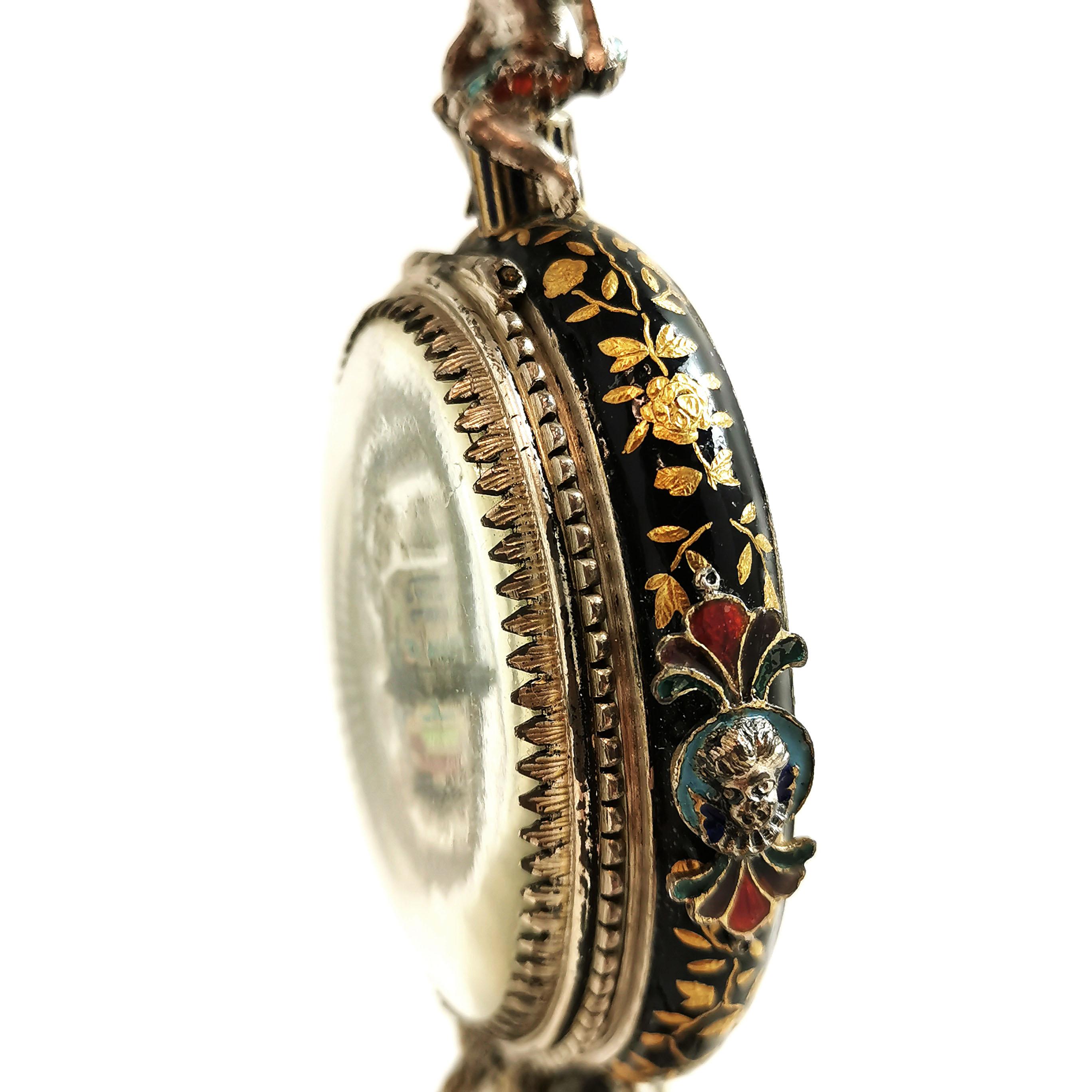 Antike Wiener Emaille und Silber vergoldete Uhr Österreich um 1870 Vogel Strauß im Angebot 4
