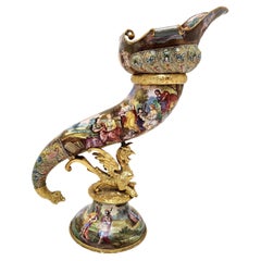 Antiguo jarrón vienés de esmalte y plata dorada c. 1880 Cornucopia