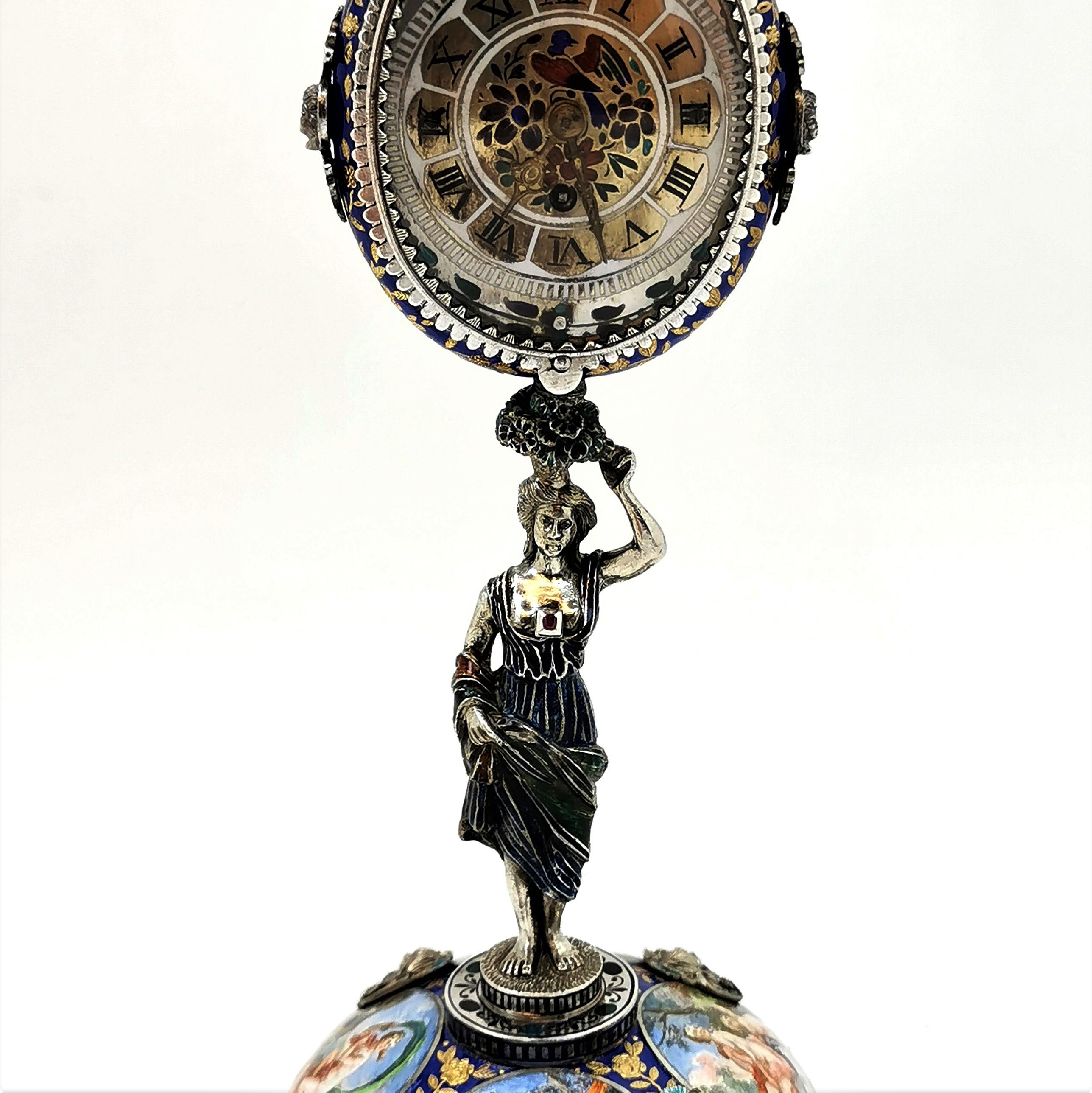 Antique Viennese Enamel and Silver Table Clock Vienna Austria circa 1870 4