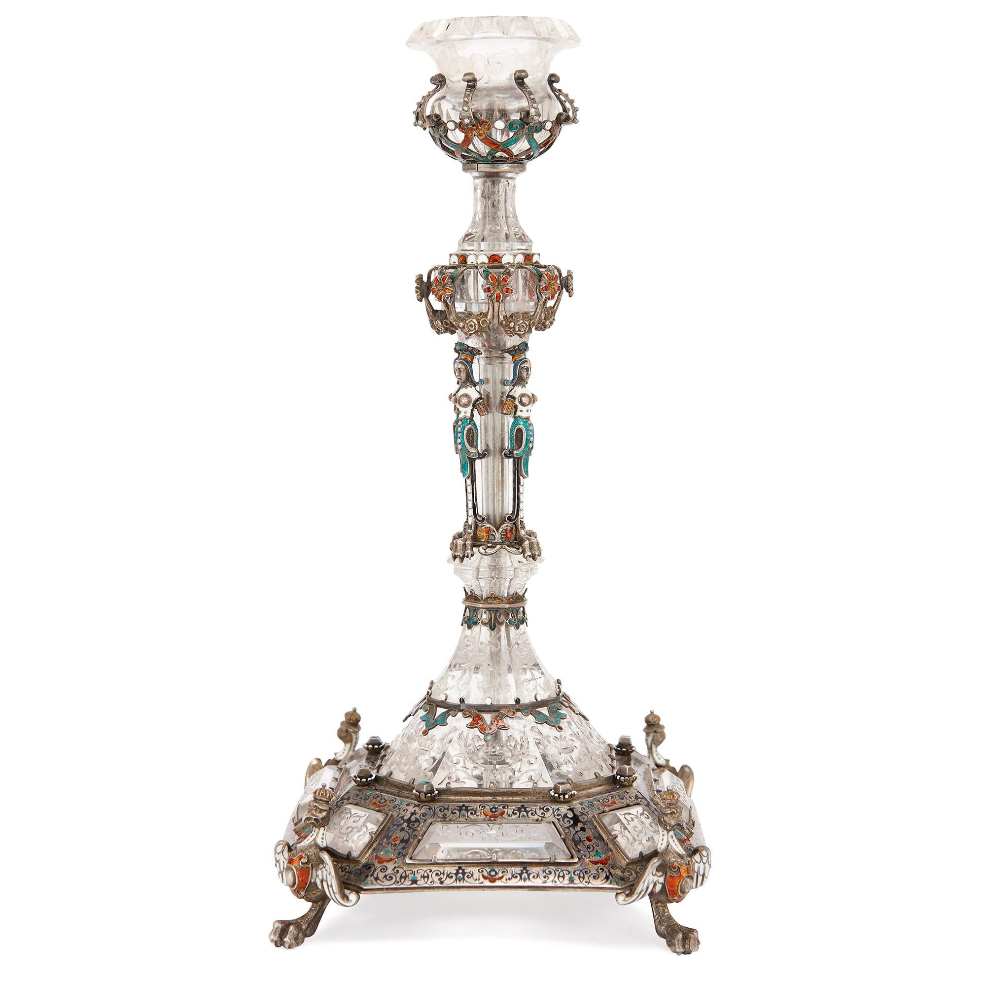 Antiguo Juego Vienés de Tocador de Cristal de Roca y Plata Esmaltada en Estuche de Madera Renacimiento en venta