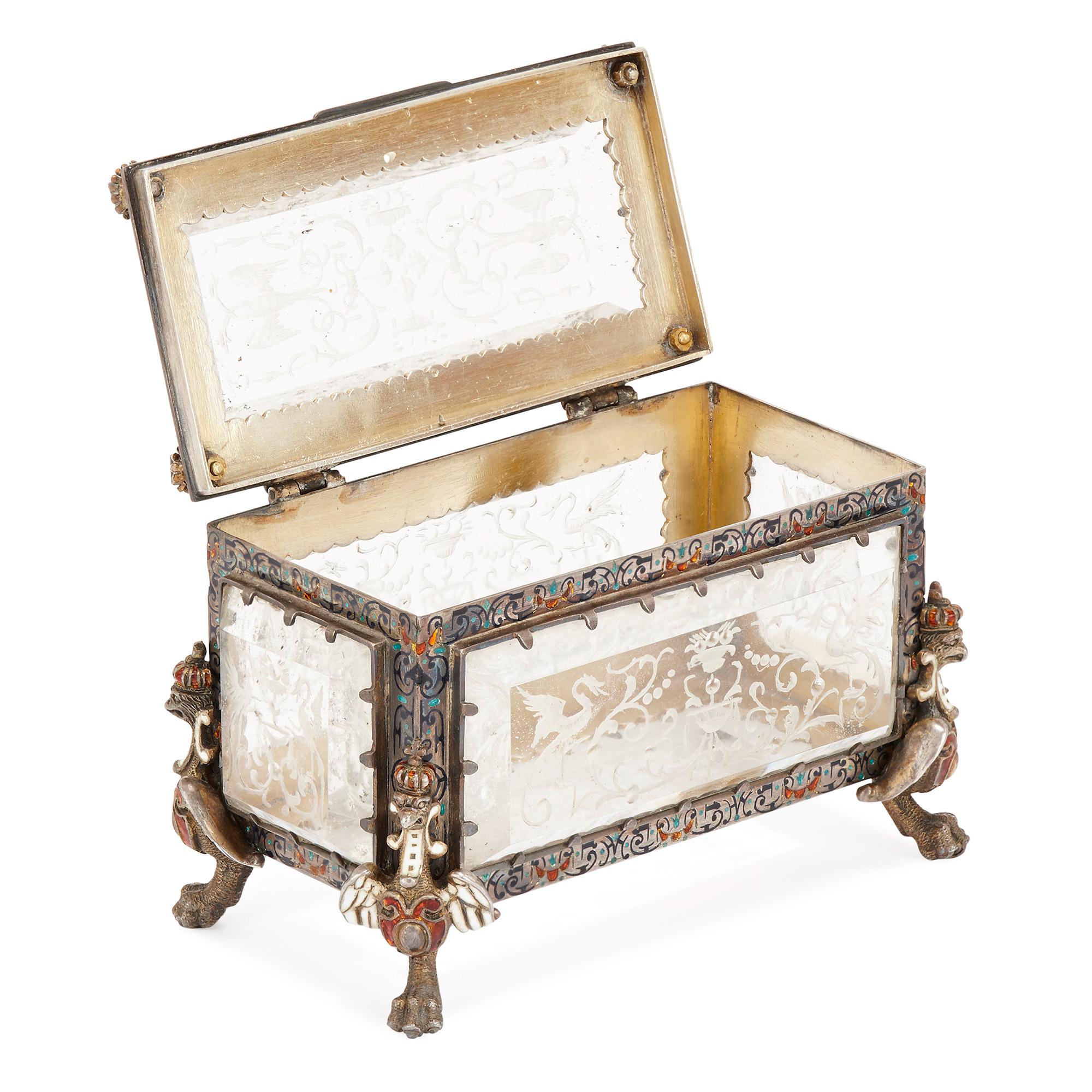 Renaissance Antique Viennese Rock Crystal and Enamelled Silver Toilet Set in Wooden Case For Sale