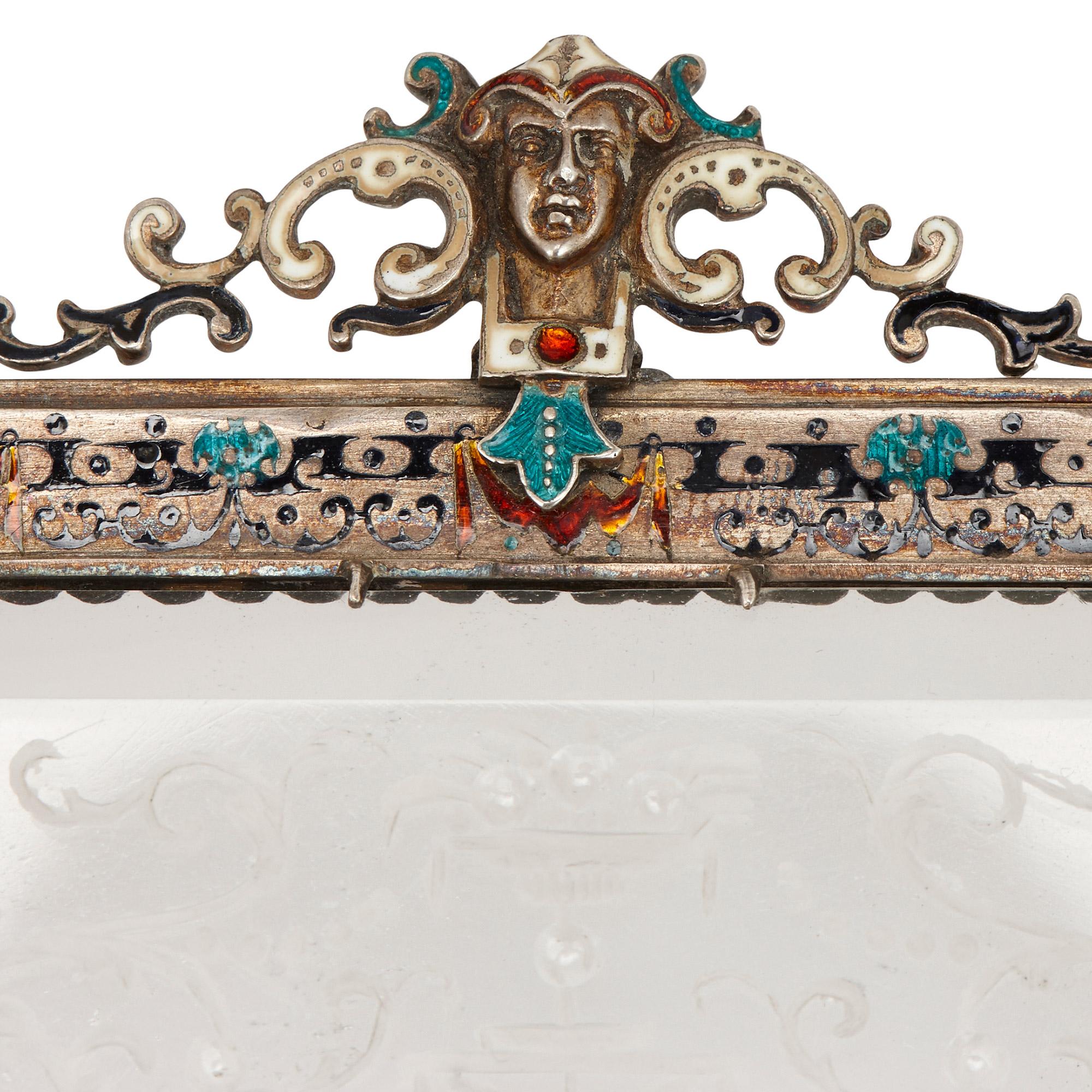 Enameled Antique Viennese Rock Crystal and Enamelled Silver Toilet Set in Wooden Case For Sale