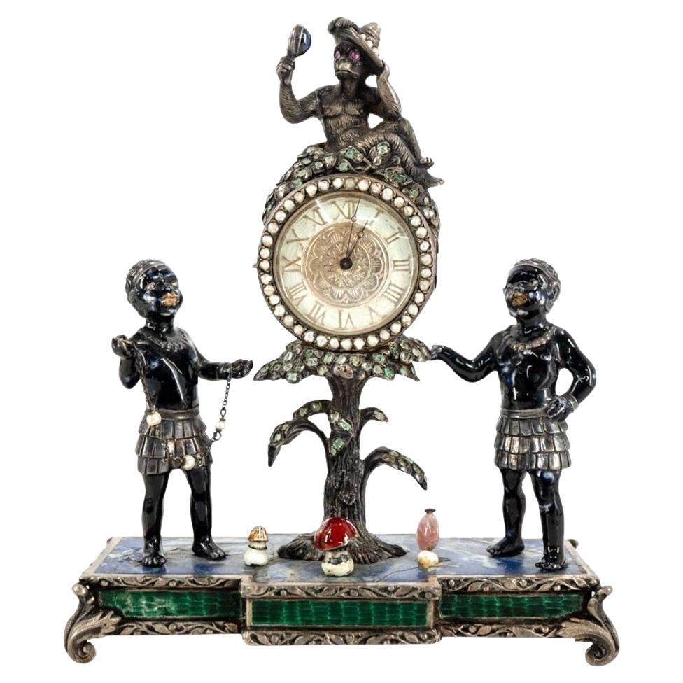 Antique Viennese Silver and Enamel Blackamoor Figurative Desk Clock