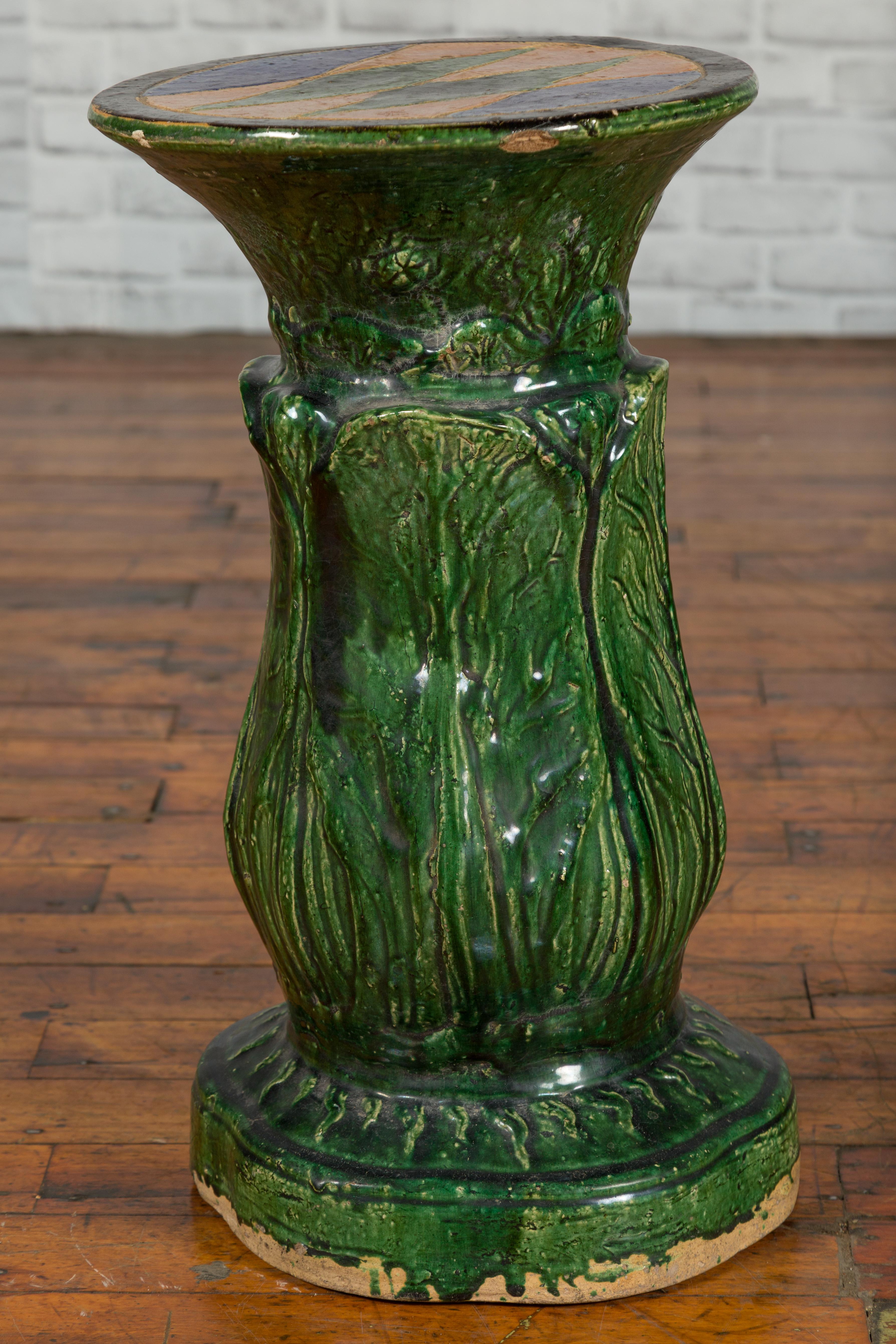 20th Century Antique Vietnamese Green Glazed Pedestal with Foliage Design and Diamond Motifs For Sale