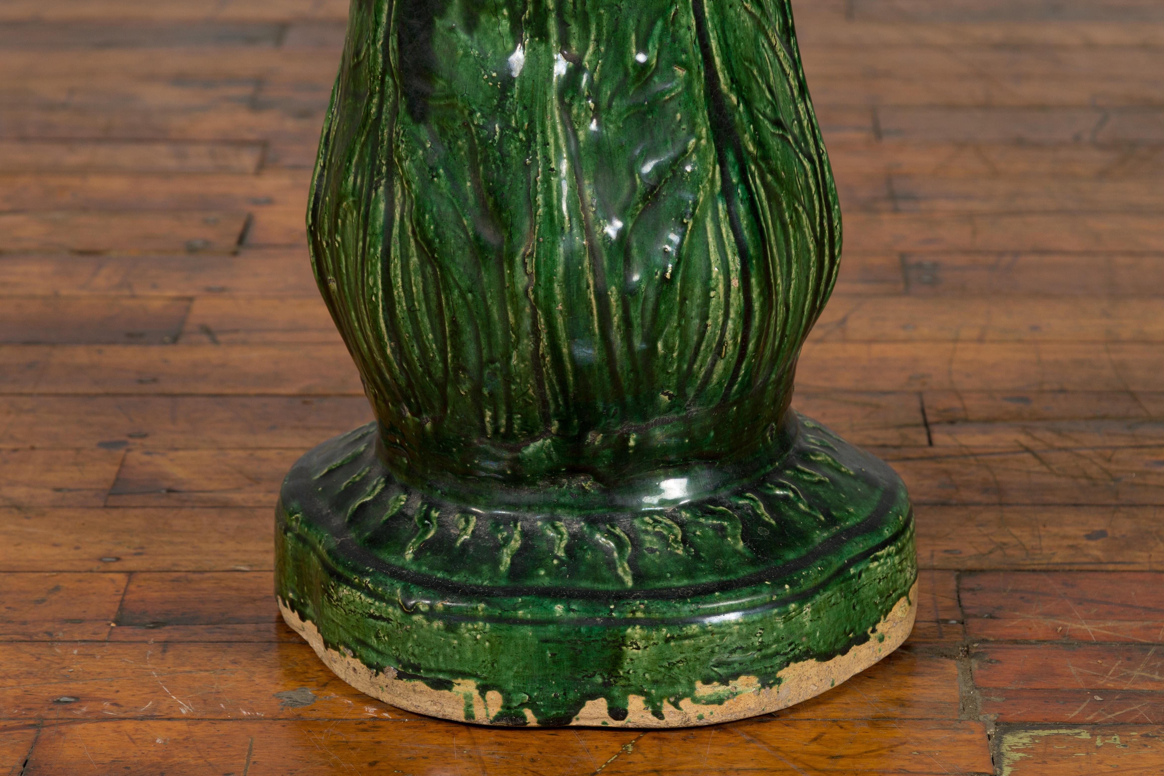 Ceramic Antique Vietnamese Green Glazed Pedestal with Foliage Design and Diamond Motifs For Sale