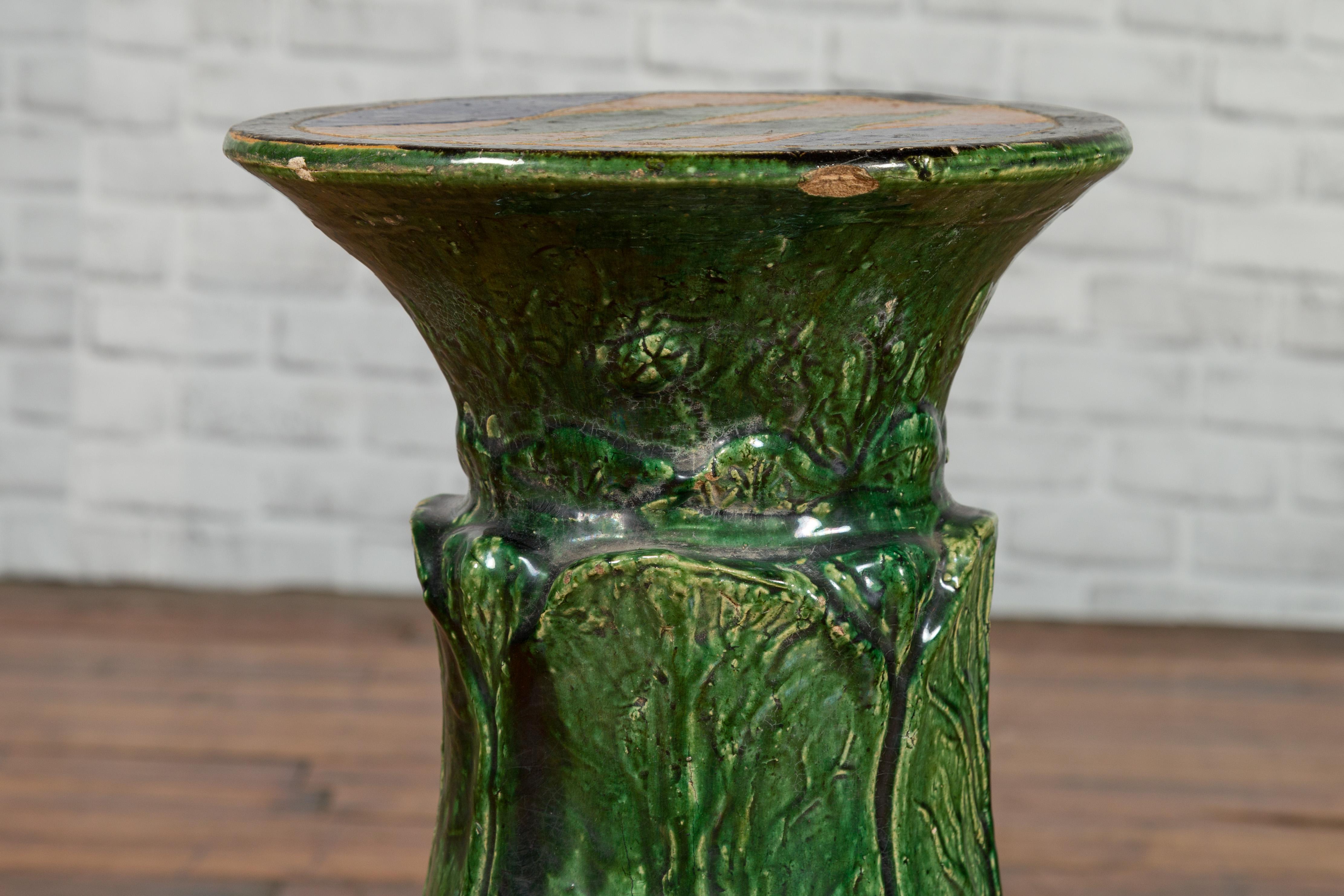 Antique Vietnamese Green Glazed Pedestal with Foliage Design and Diamond Motifs For Sale 1