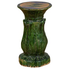 Antique Vietnamese Green Glazed Pedestal with Foliage Design and Diamond Motifs