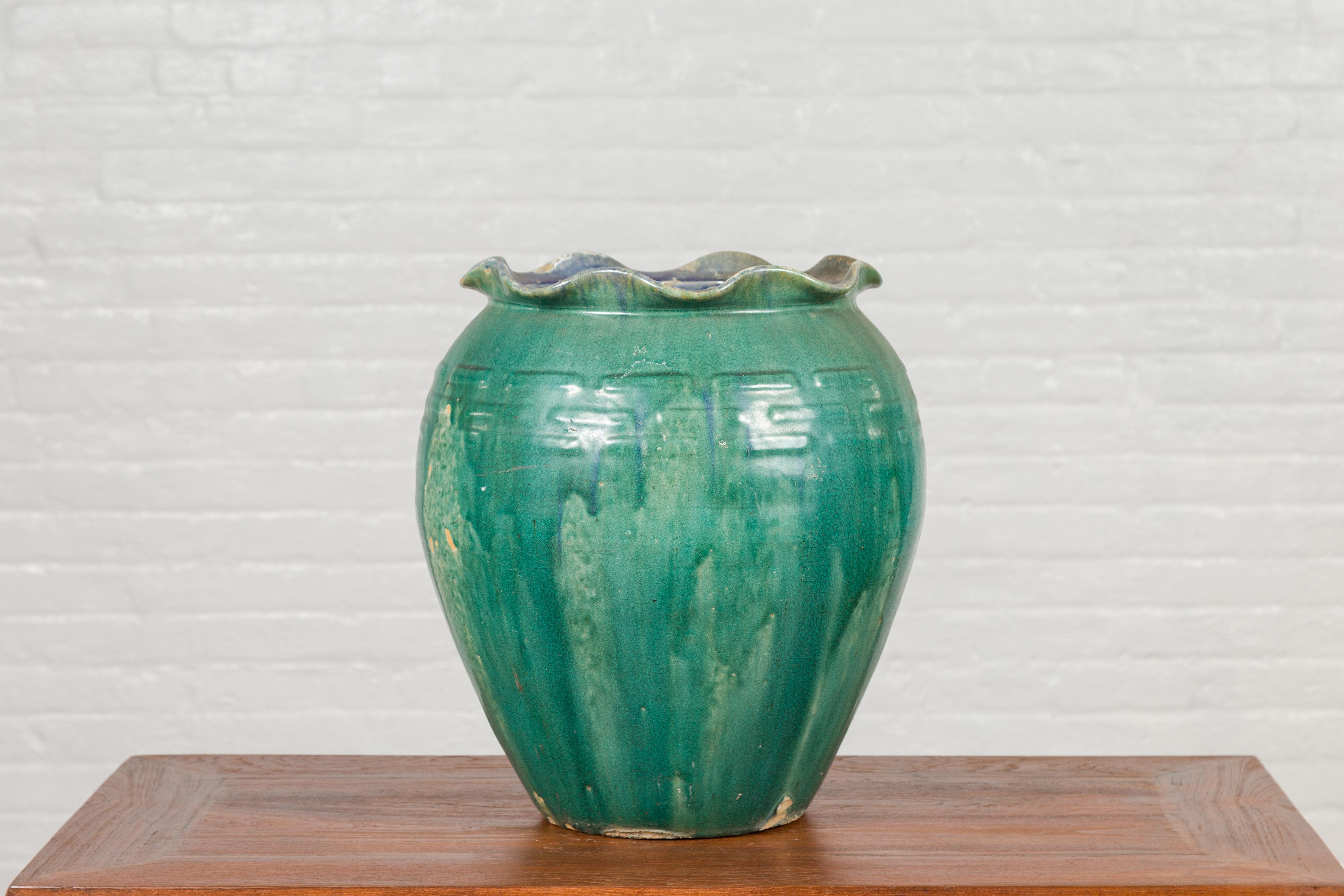 Antique Vietnamese or Chinese Green Glazed Vase with Scalloped Lip 4