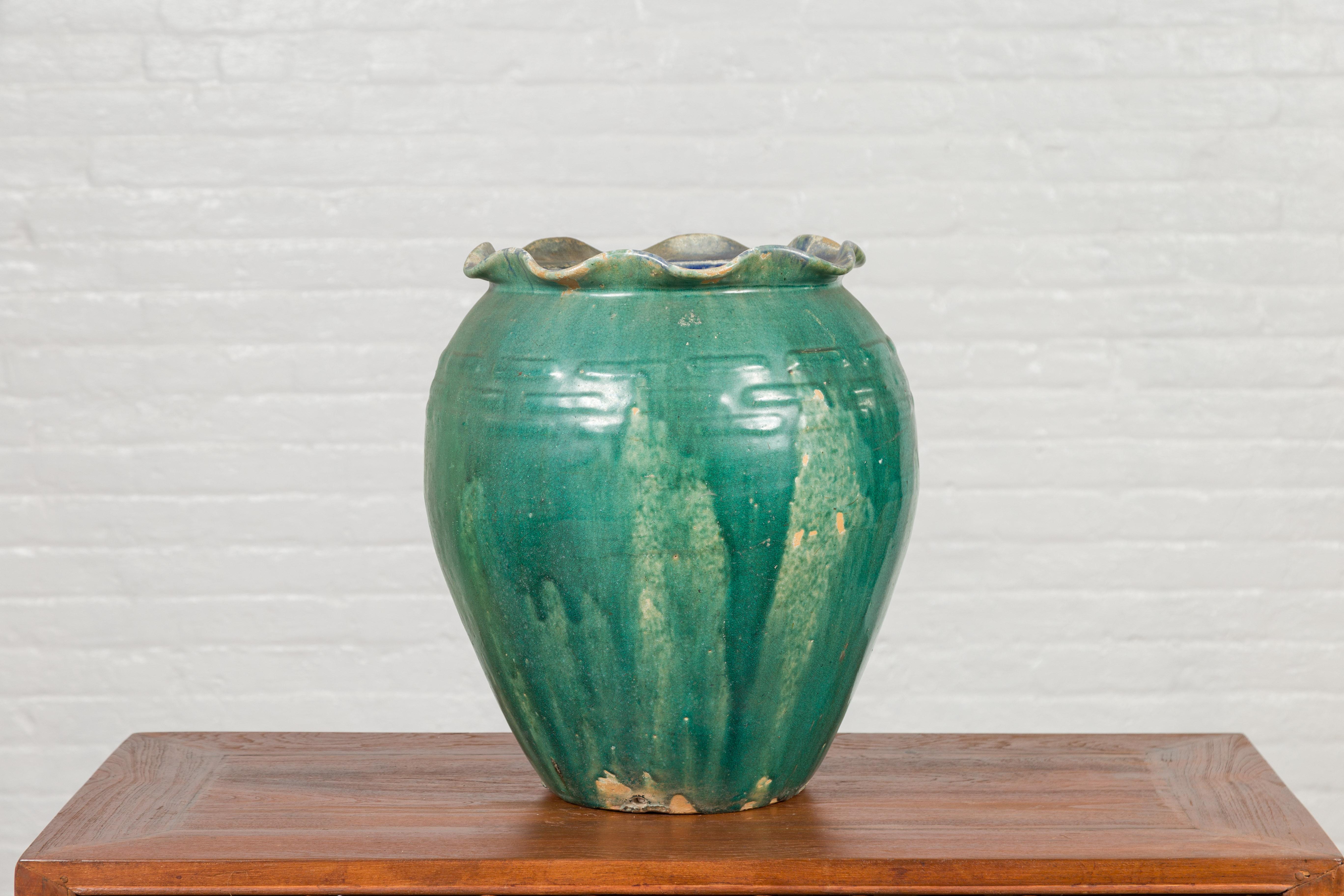 Antique Vietnamese or Chinese Green Glazed Vase with Scalloped Lip 5