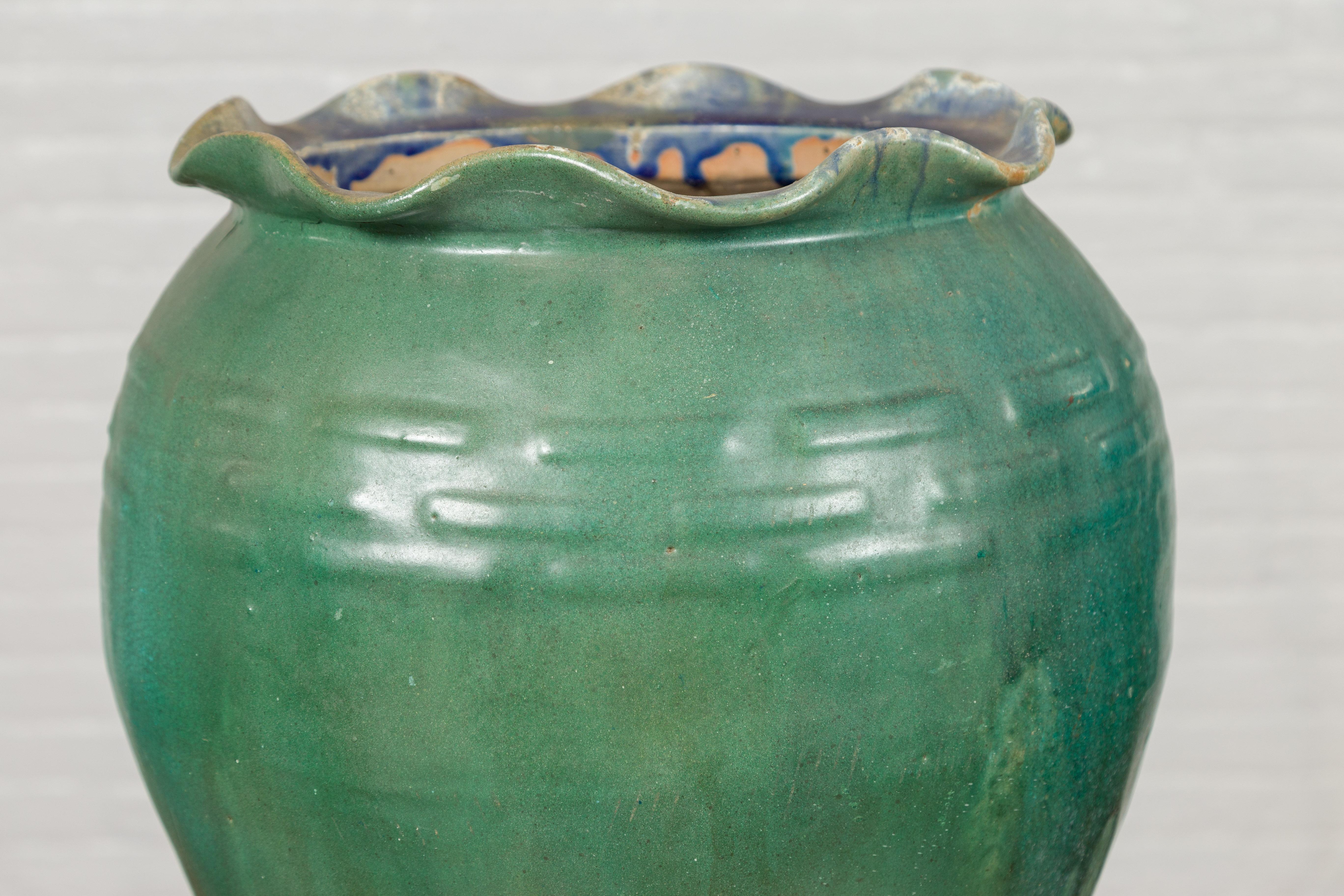 19th Century Antique Vietnamese or Chinese Green Glazed Vase with Scalloped Lip For Sale