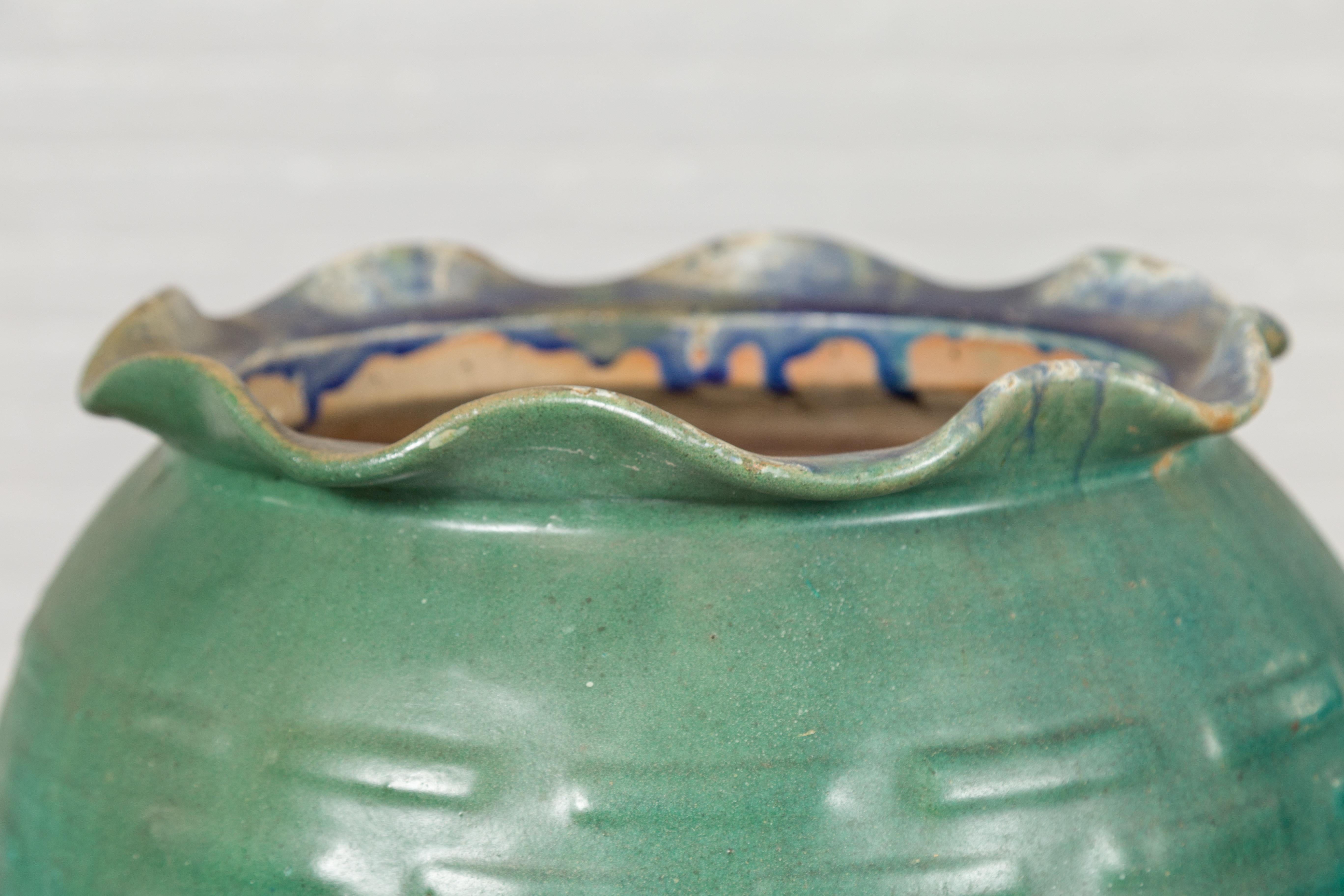 Ceramic Antique Vietnamese or Chinese Green Glazed Vase with Scalloped Lip For Sale