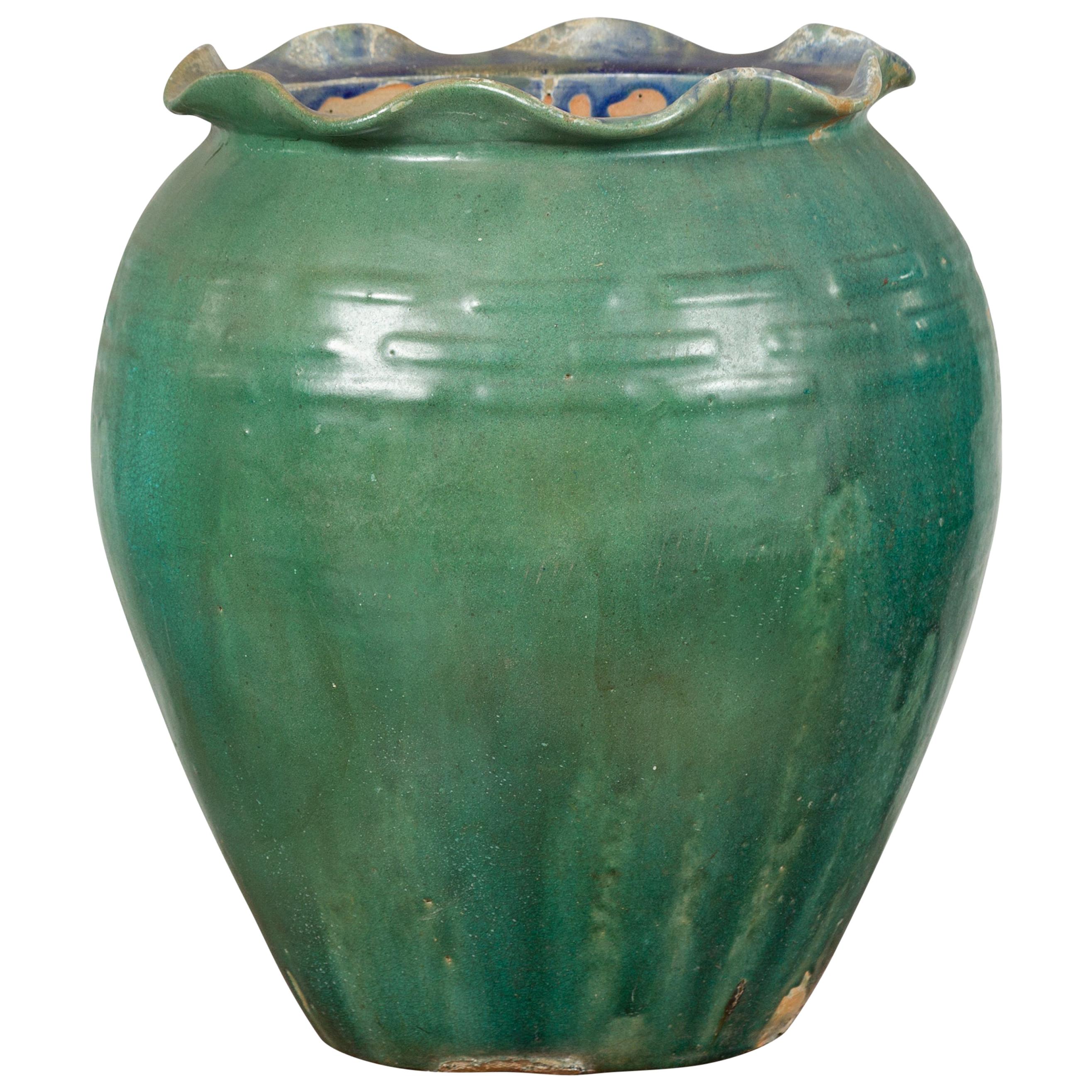 Antique Vietnamese or Chinese Green Glazed Vase with Scalloped Lip For Sale