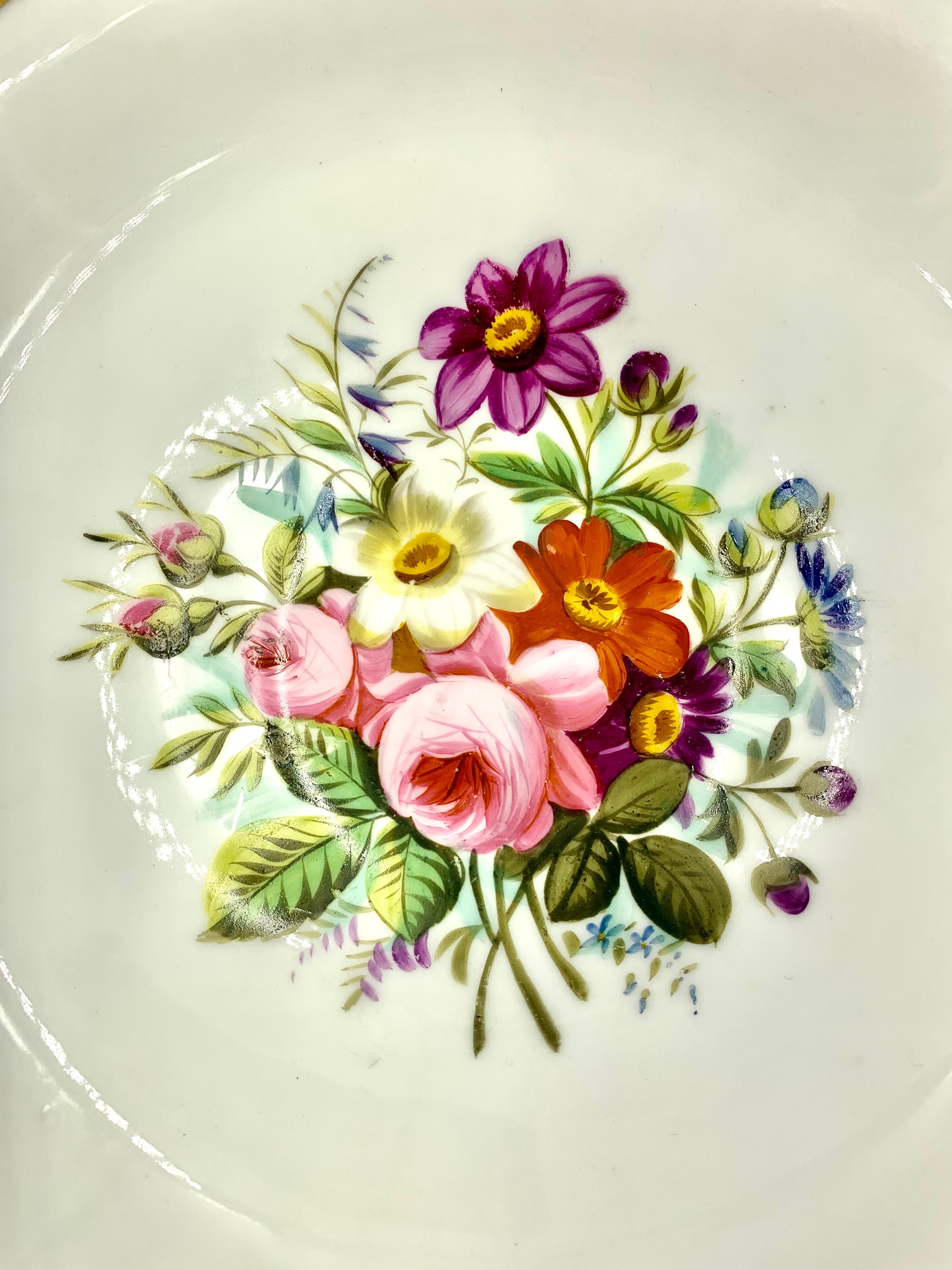 Antikes Vieux Pariser Porzellan-Dessertservice mit Blumenmotiv, handbemalt, fr 8 Personen (Romantik) im Angebot