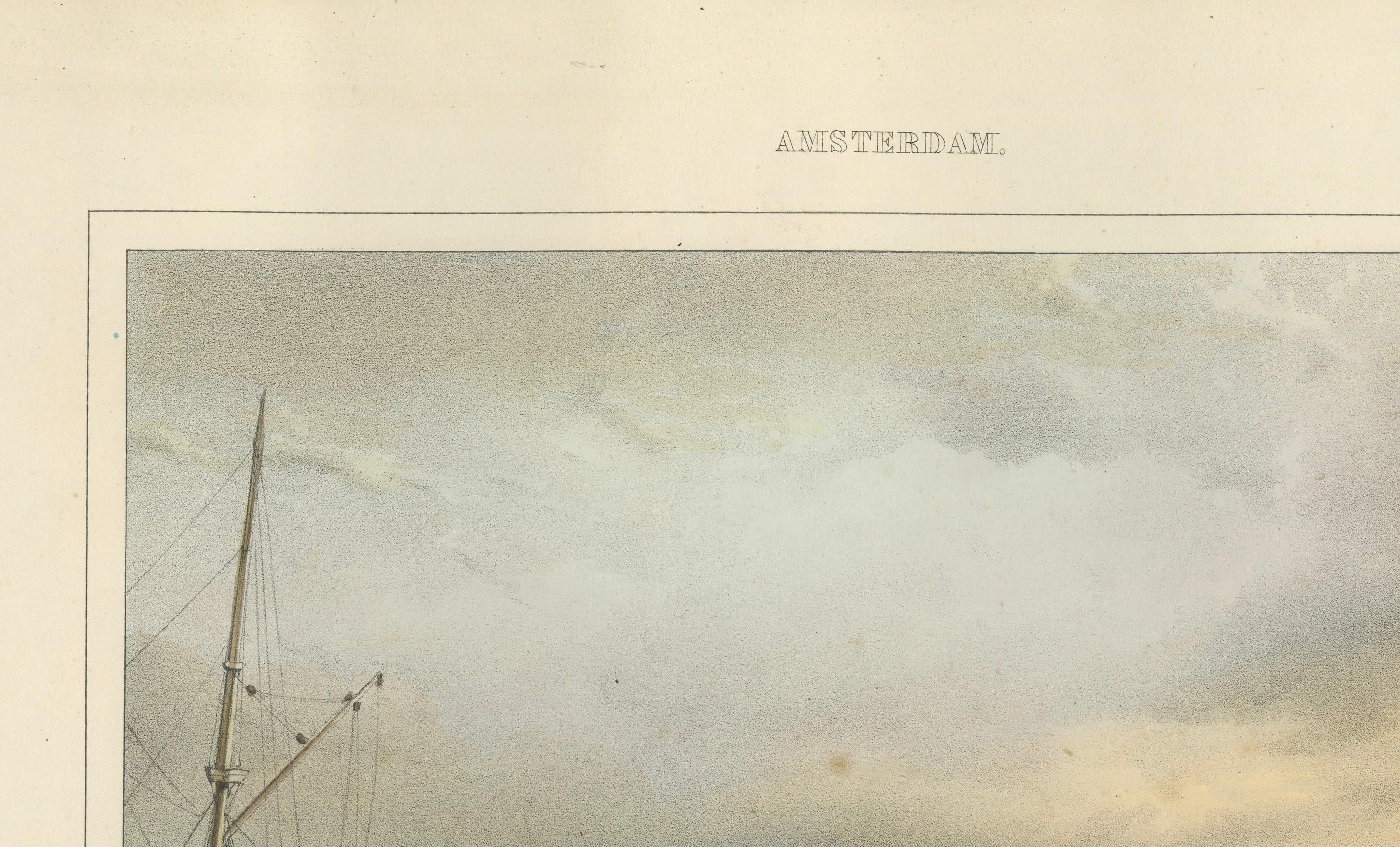 Antique View of Amsterdam Naval Arsenal, Hand-Colored Lithograph c.1850

Description:

This finely hand-colored 19th-century lithograph titled 'Magazyn der Marine / L’Amirauté' presents a dignified and historically significant view of the *'s Lands