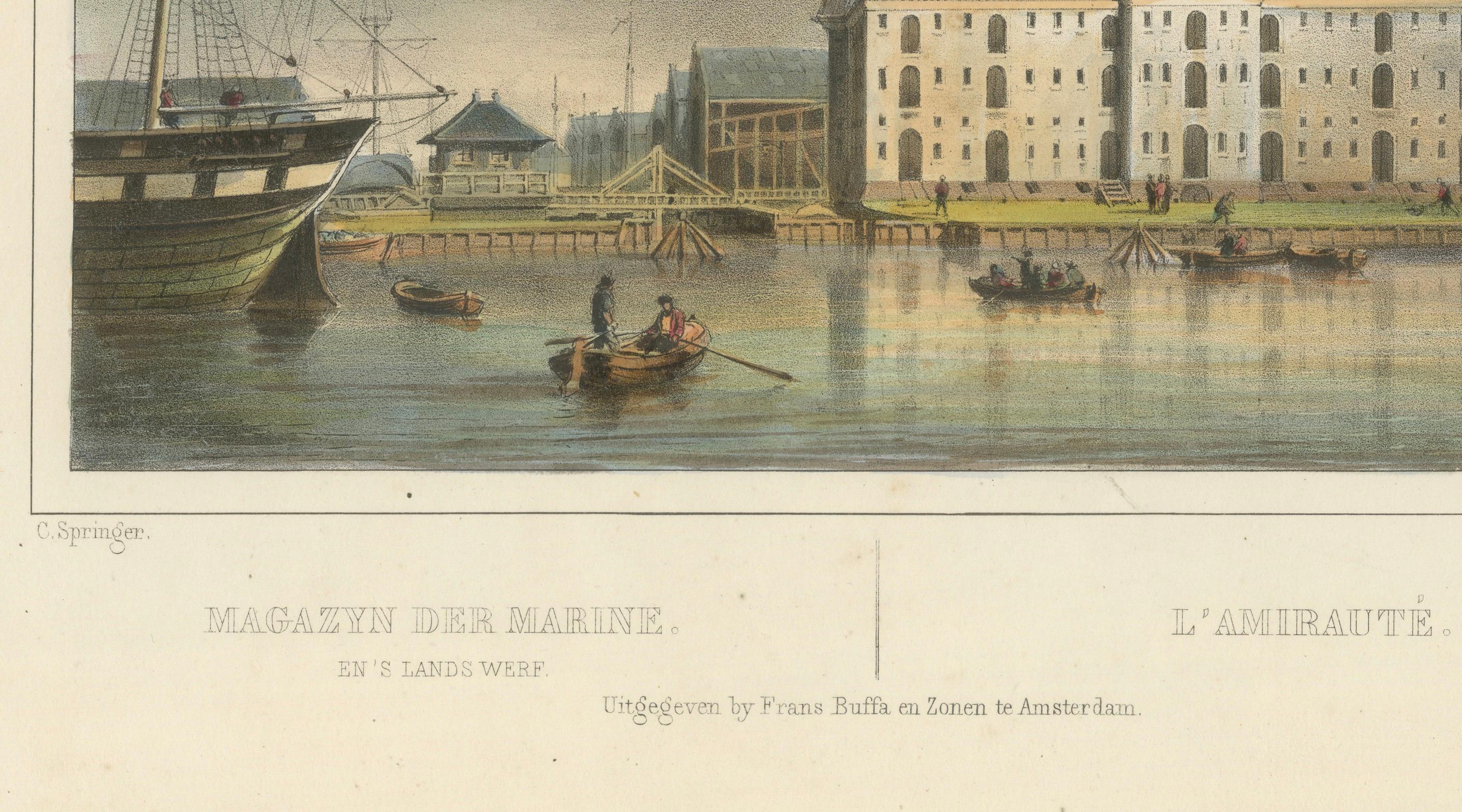 Antike Ansicht des Amsterdamer Marine Arsenals, handkolorierte Lithographie um 1850 im Zustand „Gut“ im Angebot in Langweer, NL
