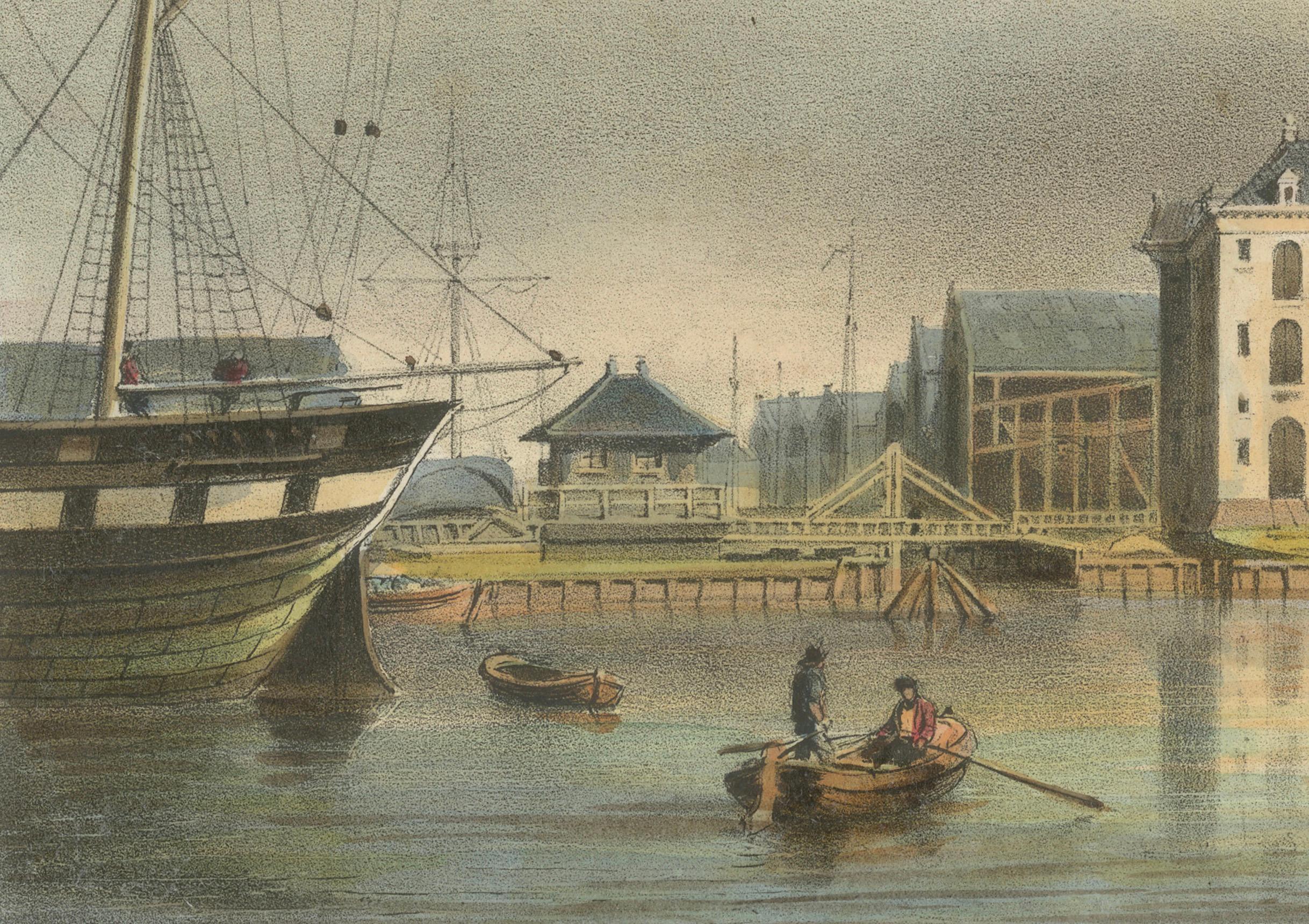 Antike Ansicht des Amsterdamer Marine Arsenals, handkolorierte Lithographie um 1850 (19. Jahrhundert) im Angebot